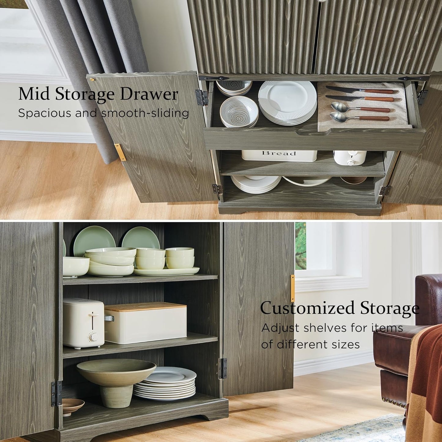 Fluted Pantry Cabinet, 72" Tall Modern Storage Cabinet with 4 Doors, Organizer, Drawer and Adjustable Shelves, Wood Cupboard