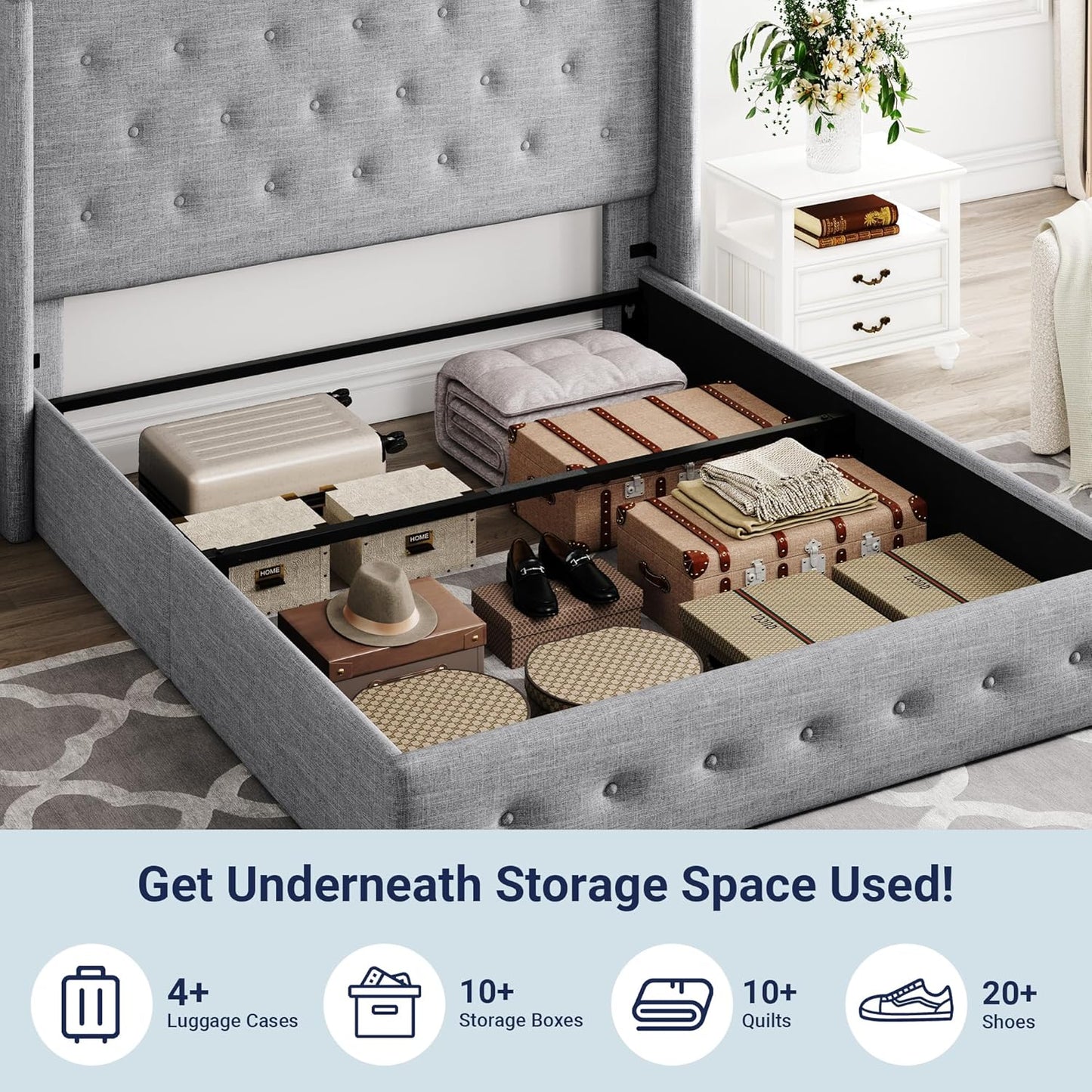 Allewie Queen Size Lift Up Storage Bed, Modern Wingback Headboard, Hydraulic Support, No Box Spring Needed, Light Beige