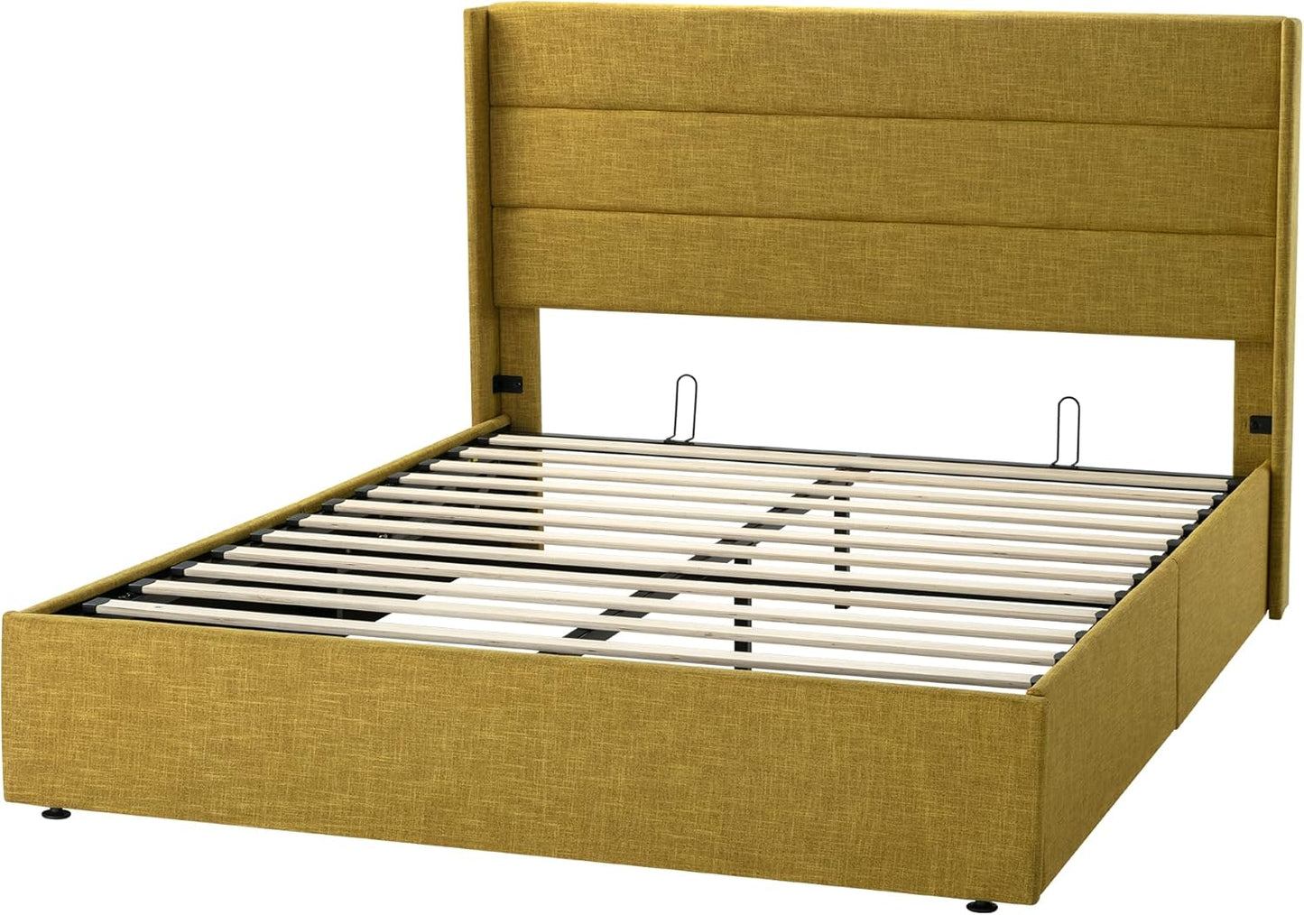 Allewie Queen Size Lift Up Storage Bed, Modern Wingback Headboard, Hydraulic Support, No Box Spring Needed, Light Beige