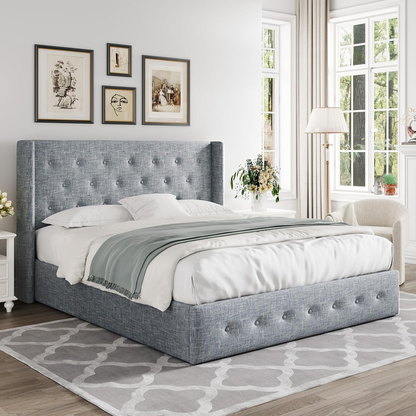 Allewie Queen Size Lift Up Storage Bed, Modern Wingback Headboard, Hydraulic Support, No Box Spring Needed, Light Beige