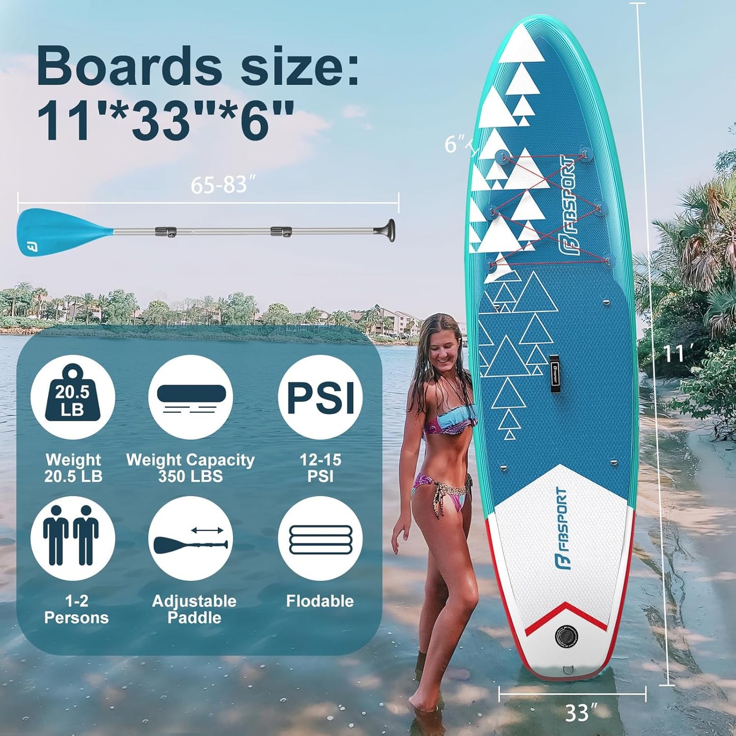 FBSPORT 11' Premium Stand Up Paddle Board, Yoga Board with Durable SUP Accessories & Carry Bag | Wide Stance, Surf Control, Non-Slip Deck, Leash, Paddle and Pump for Youth & Adult