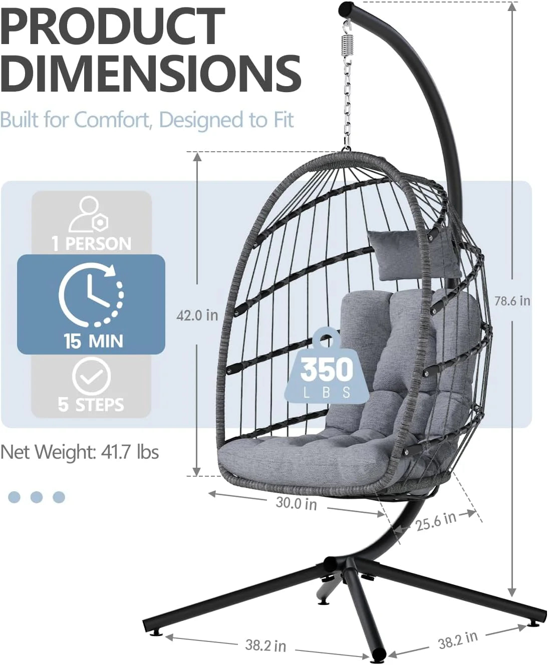 SWITTE Egg Chair Outdoor with Stand, Indoor Wicker Hanging Egg Swing Chair with Cushion, 350lbs Capacity for Patio, Bedroom