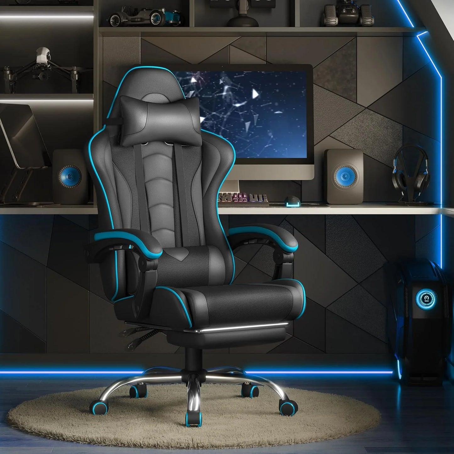Gaming Chair with Massage Lumbar Support and Footrest Height Office Gaming Chair