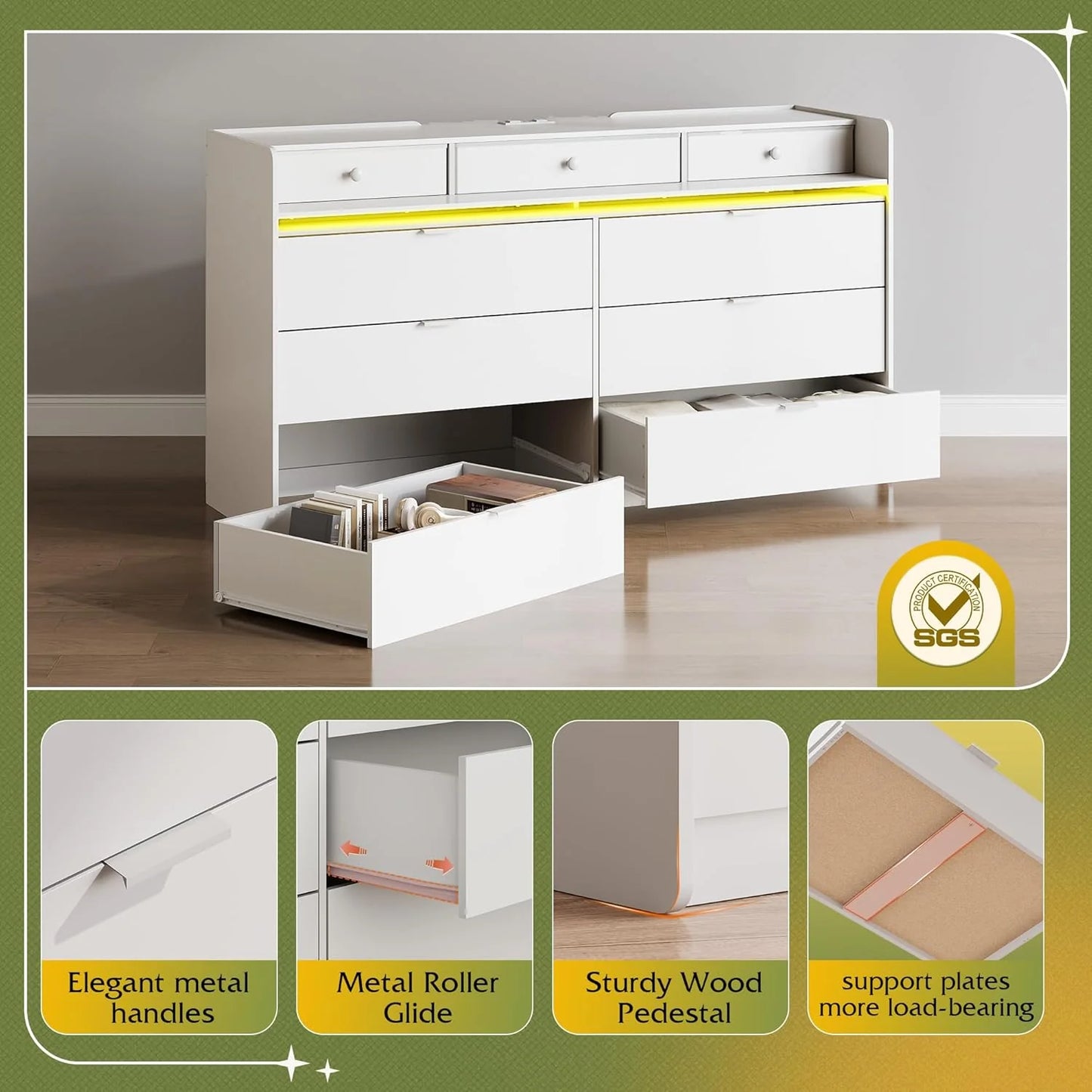 9 Drawer Led Dresser for Bedroom, 58.35'' Wide Wood Dresser Storage Organizer with Power Outlets for 65'' TV, Dressers with Open Shelves