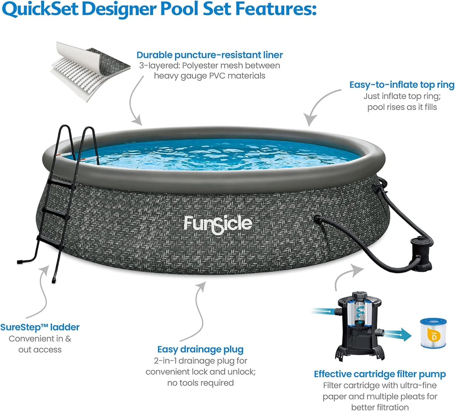 Funsicle 12 Foot by 36 Inch Quickset Round Inflatable Ring Top Outdoor Above Ground Swimming Pool Set with Pump and Cartridge Filter, Dark Herringbone