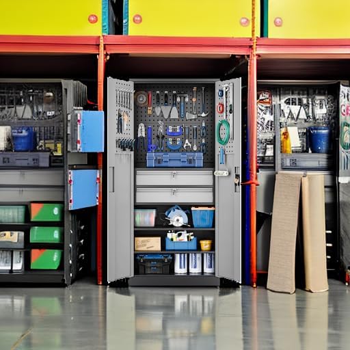 Yizosh Metal Garage Storage Cabinet with Locking Doors and 2 Drawers, Heavy Duty Steel Tool Cabinet with Pegboard, 71" - Lockable Cabinets