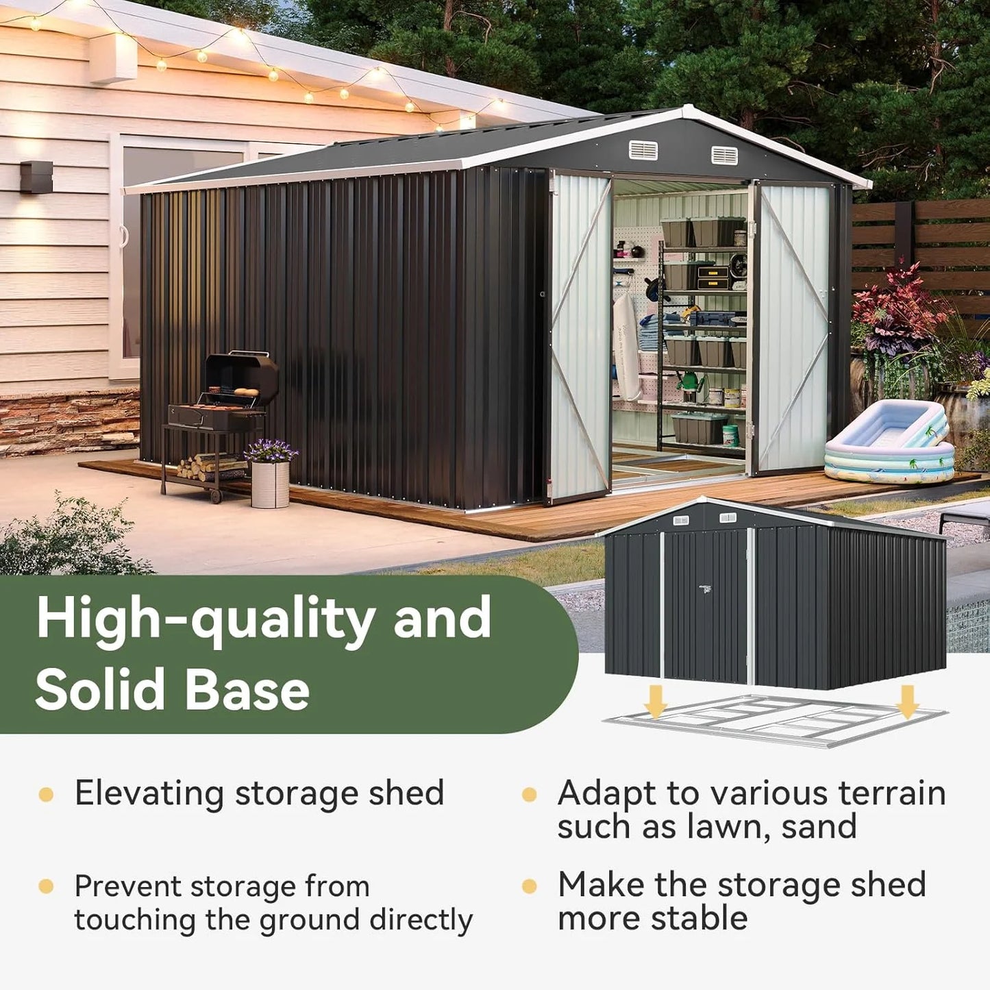 Aoxun 12x10 FT Shed Metal Outdoor Waterproof Storage Shed Steel Utility Garden Tool Shed with Door & Lock Outdoor Storage for Garden Patio Lawn Poolside, Brown