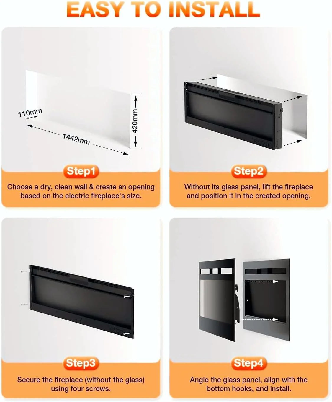 Electric Fireplace 60Inch,Wall Mounted Electric Fireplace Heater with Timer Inserts，TV Stand Touch Screen and Realistic Flame,Log Set,Crystal Flames 750 to 1500W，Remote for Living Room