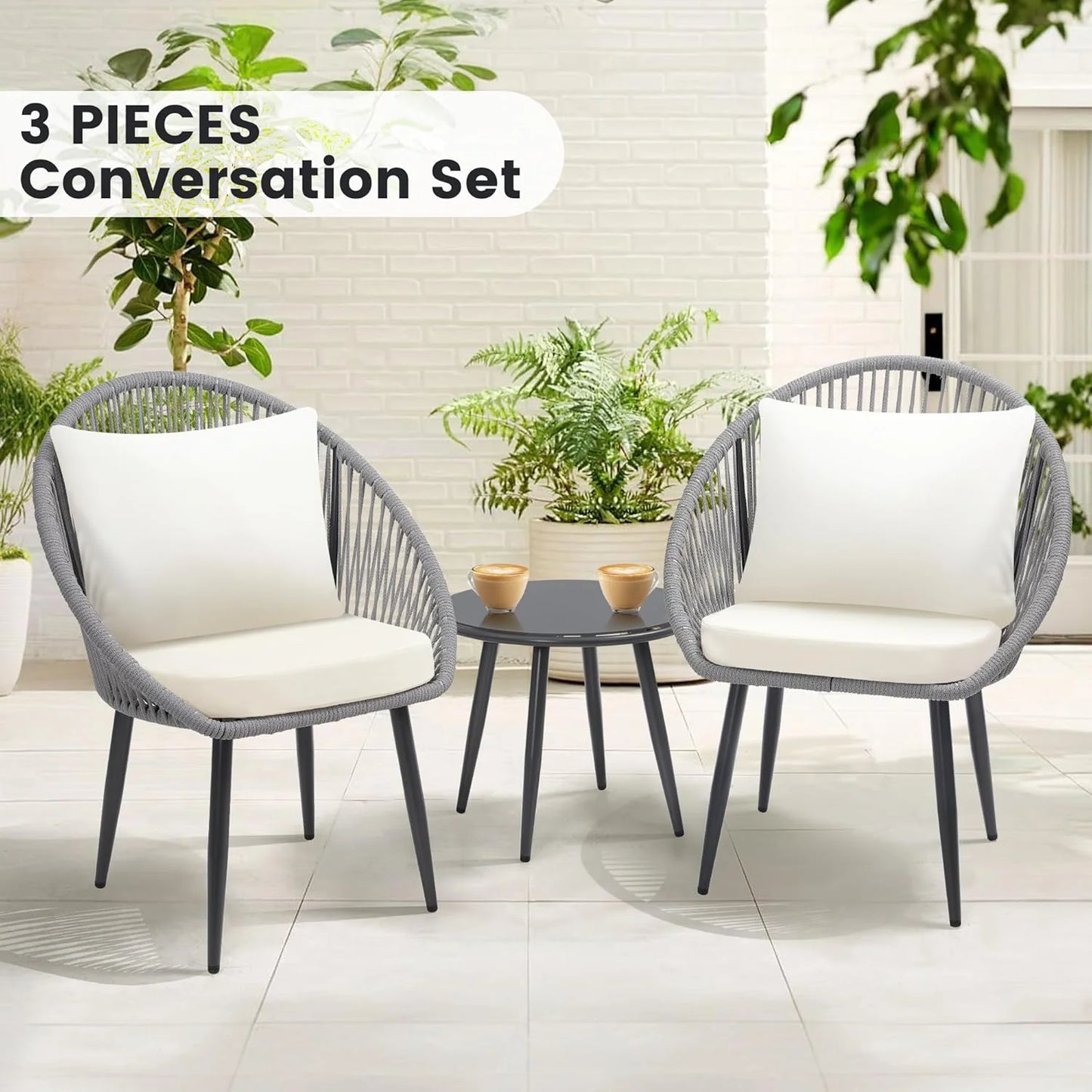 3 Piece Bistro Set, Woven Rope Chair with Cushions, All Weather Patio Conversation Set with Side Table, Ideal for Deck, Balcony, Poolside, Black