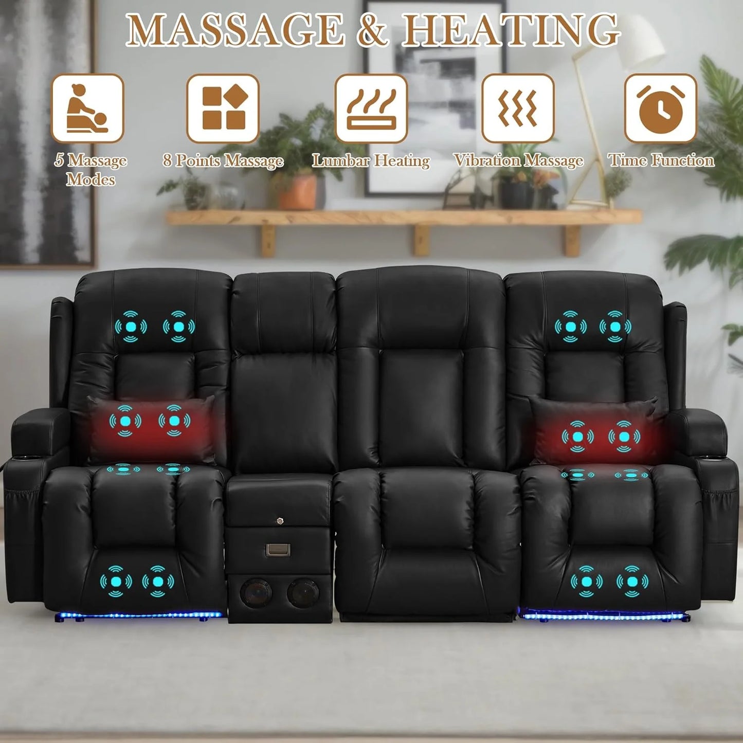TUNYI Power Loveseat Recliner Sofa with Massage & Heat Home Theater Seating with Console Electric Recliner RV Sofa with USB/Outlet/Storage/Side Pocket/LED Light/Speaker (Brown, Loveseat)
