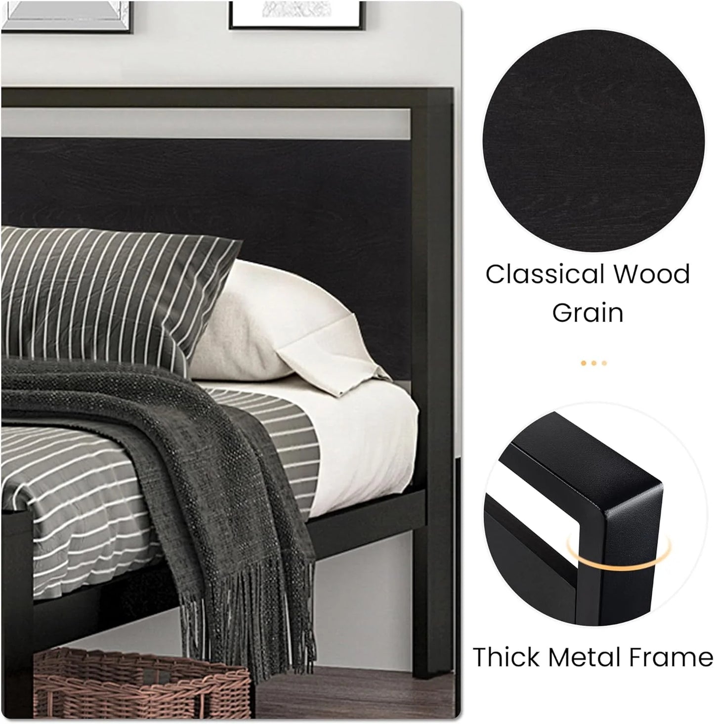 SHA CERLIN 14 Inch Queen Size Metal Platform Bed Frame with Wooden Headboard and Footboard, Mattress Foundation, No Box Spring Needed, Large Under Bed Storage, Non-Slip Without Noise, Black Oak