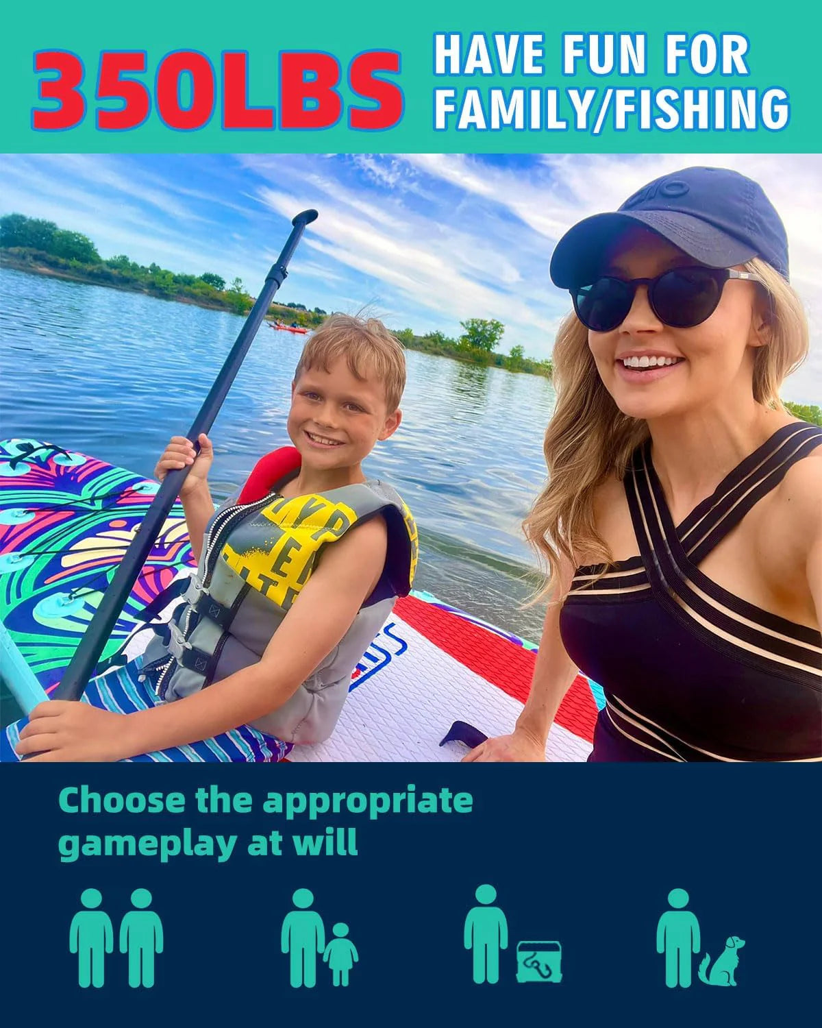 Inflatable wide SUP board with SUP carrying bag, hand pump, 10L waterproof bag and adjustable paddle