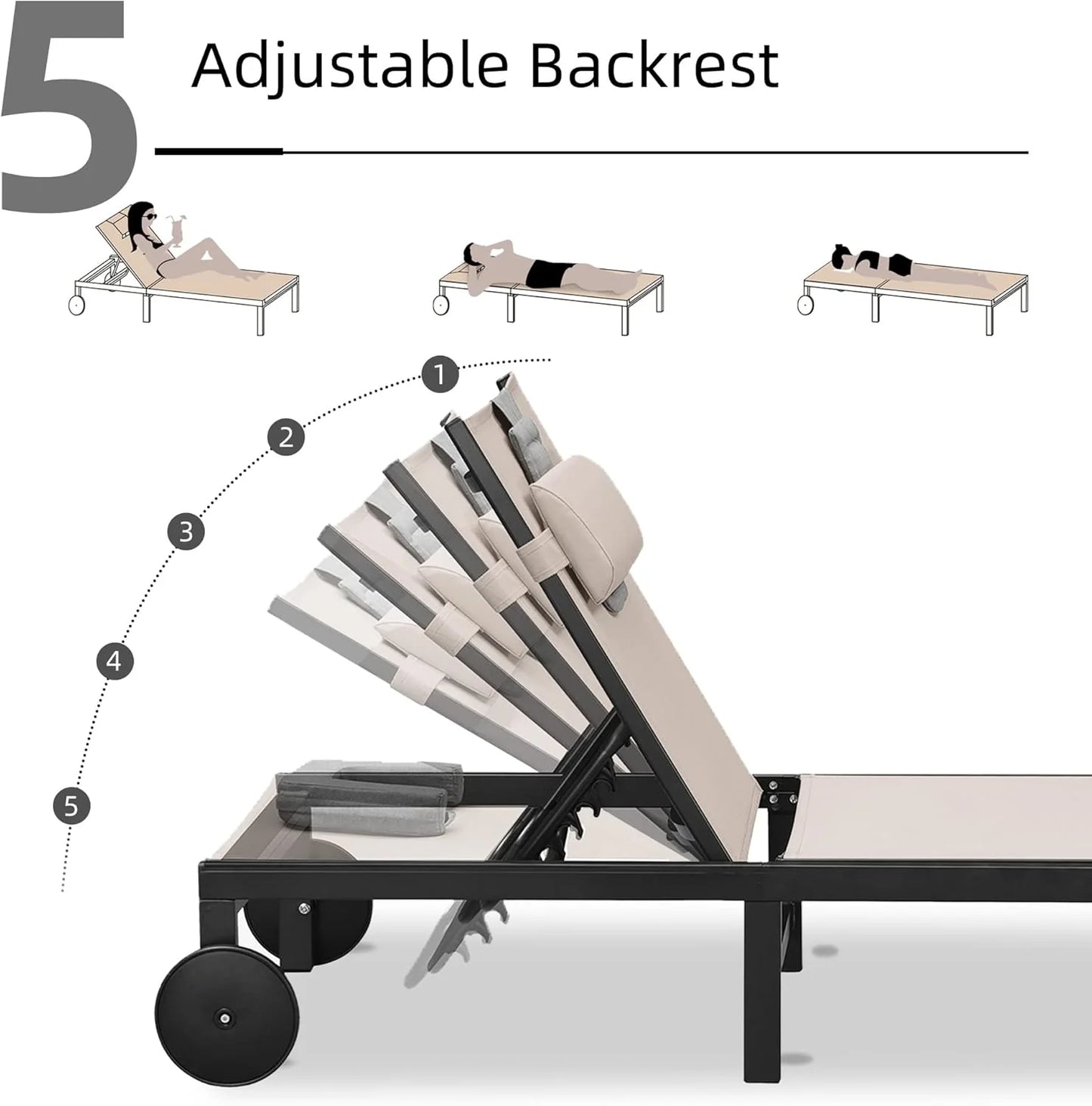 PURPLE LEAF Patio Tanning Lounge Chair Set with Face Down Hole Outdoor Aluminum Adjustable Reclining Chairs Wheels Pillows and Table for Poolside Beach Sunbathing Lounger, Beige