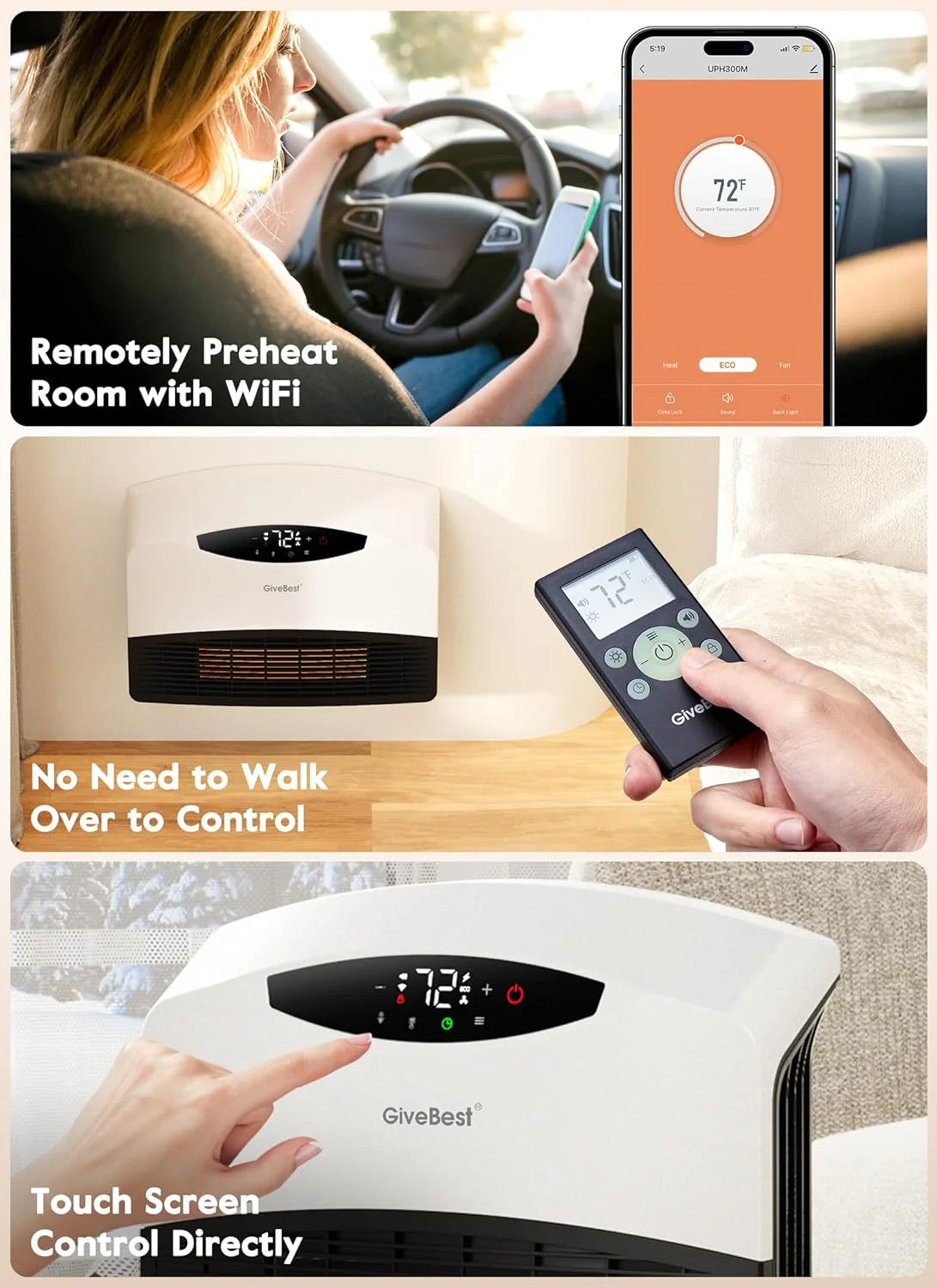 Wall mounted electric heater with WiFi and remote control, floor standing heater 1500W fast coverage for large rooms