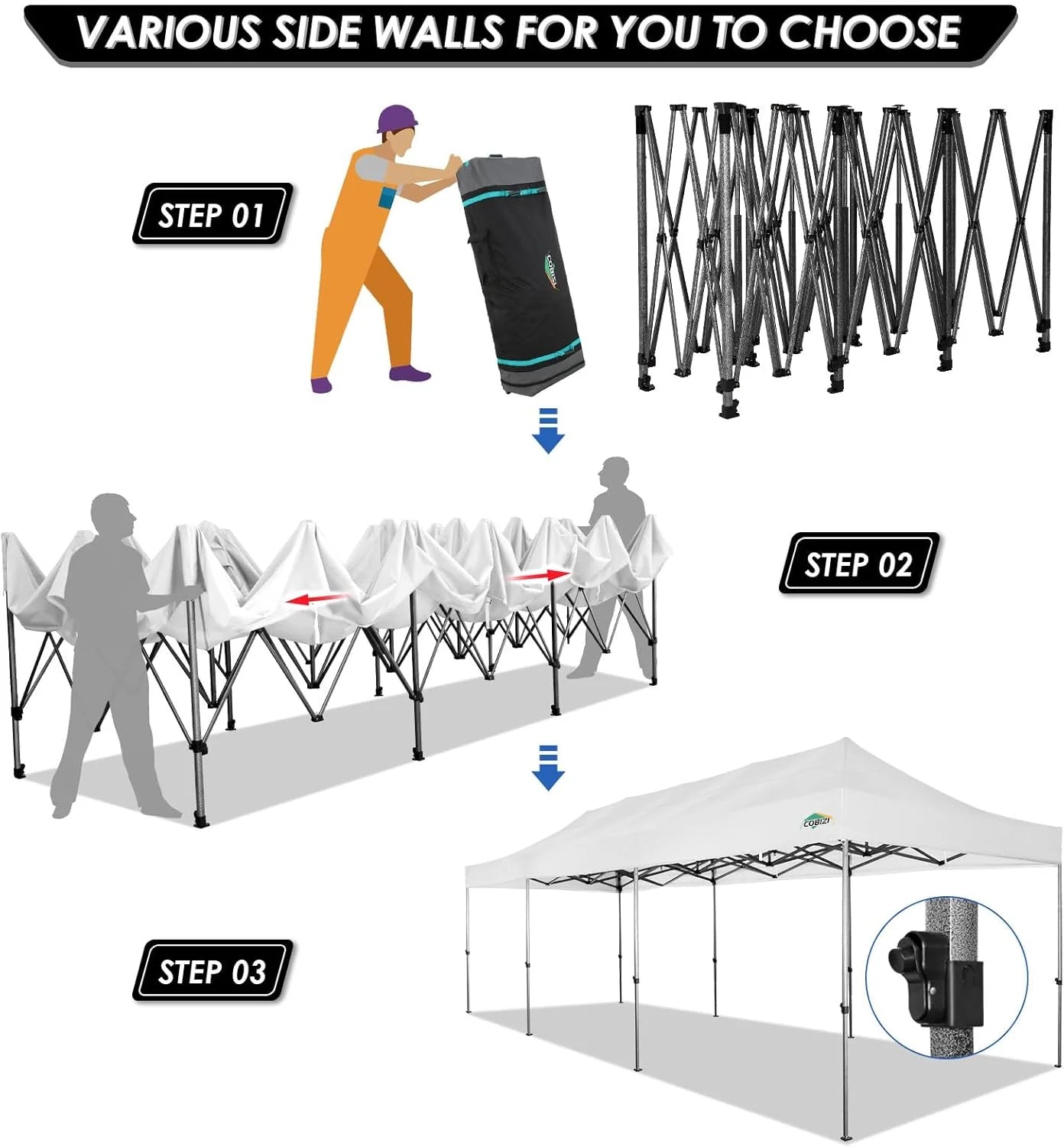 COBIZI 10x20 Heavy Duty Pop up Canopy Tent with 6 sidewalls Easy Up Commercial Outdoor Canopy Wedding Party Tents for Parties All Season Wind & Waterproof Gazebo with Roller Bag,Black(Frame Thickened)