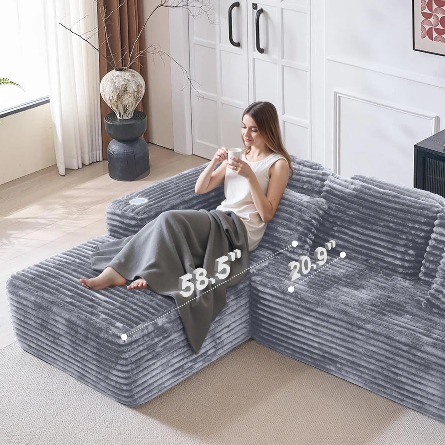 Cloud Sectional Couch with L-Shape Chaise, Modern Modular Sofa with Deep Seat, Built-in Cup Holder & Storage Pocket