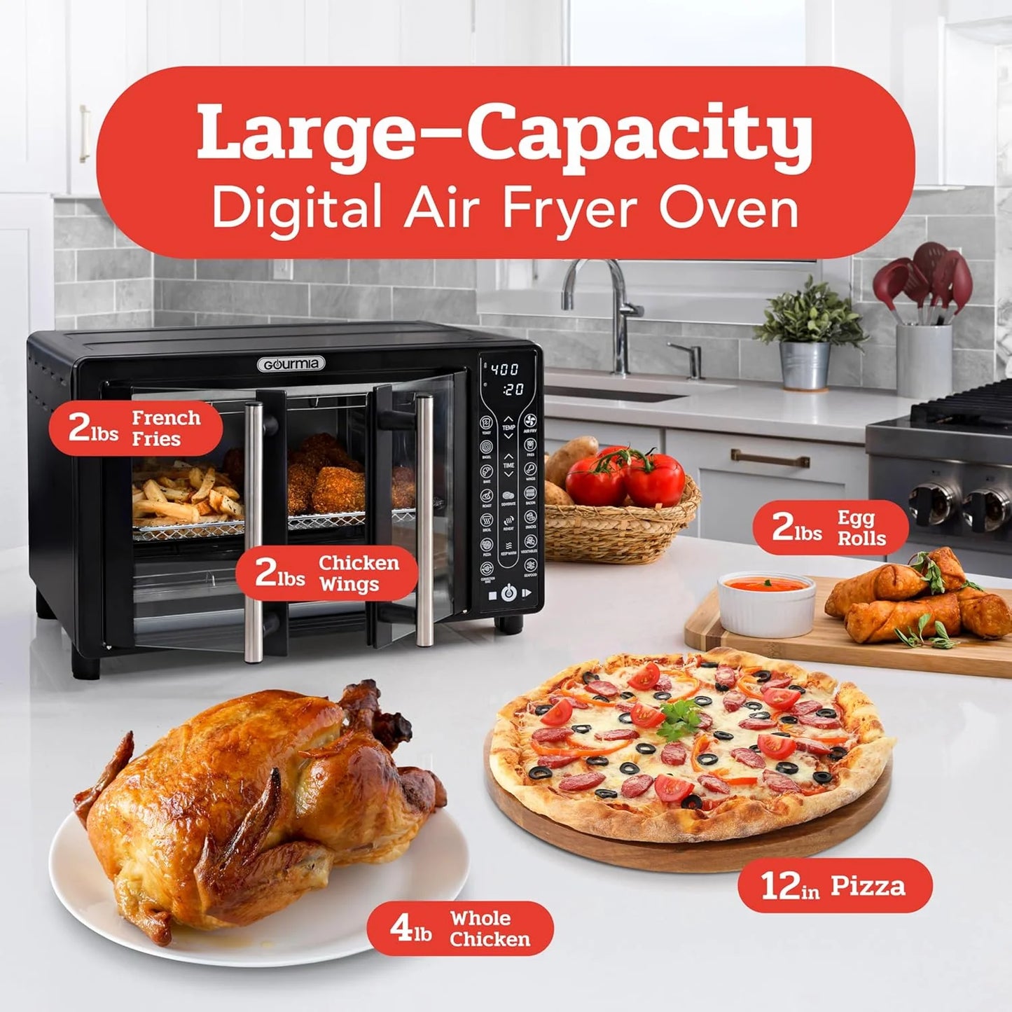 Gourmia Oven Air Fryer Combo with 17 Cooking Presets, 24L Capacity, Convection Rack, Baking Tray, Recipe Book GTF7460