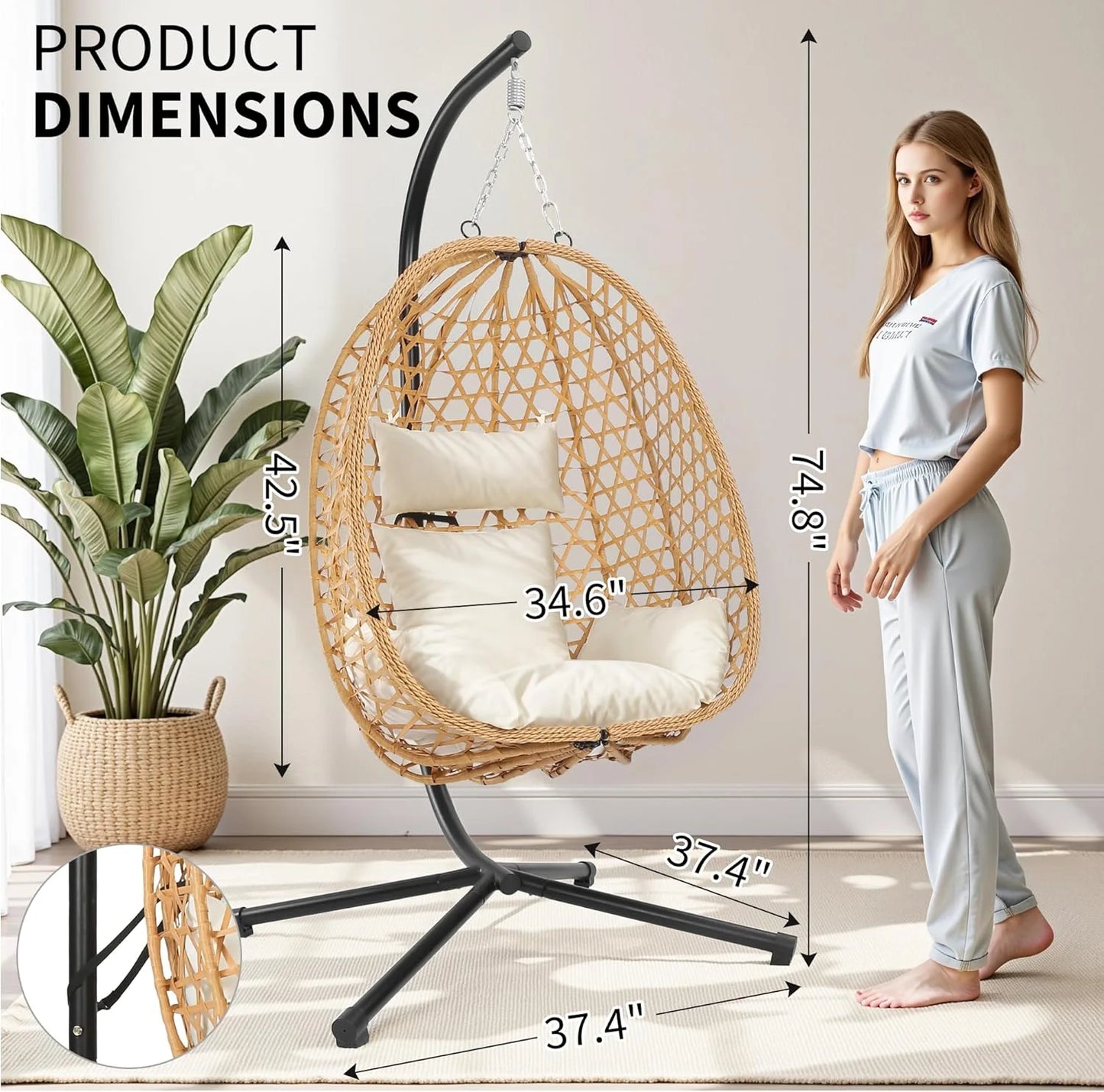 Egg Chair with Stand, Patio Wicker Hanging Chair, Hammock Swing Chair, 350LBS Capacity for Bedroom, Balcony, Garden