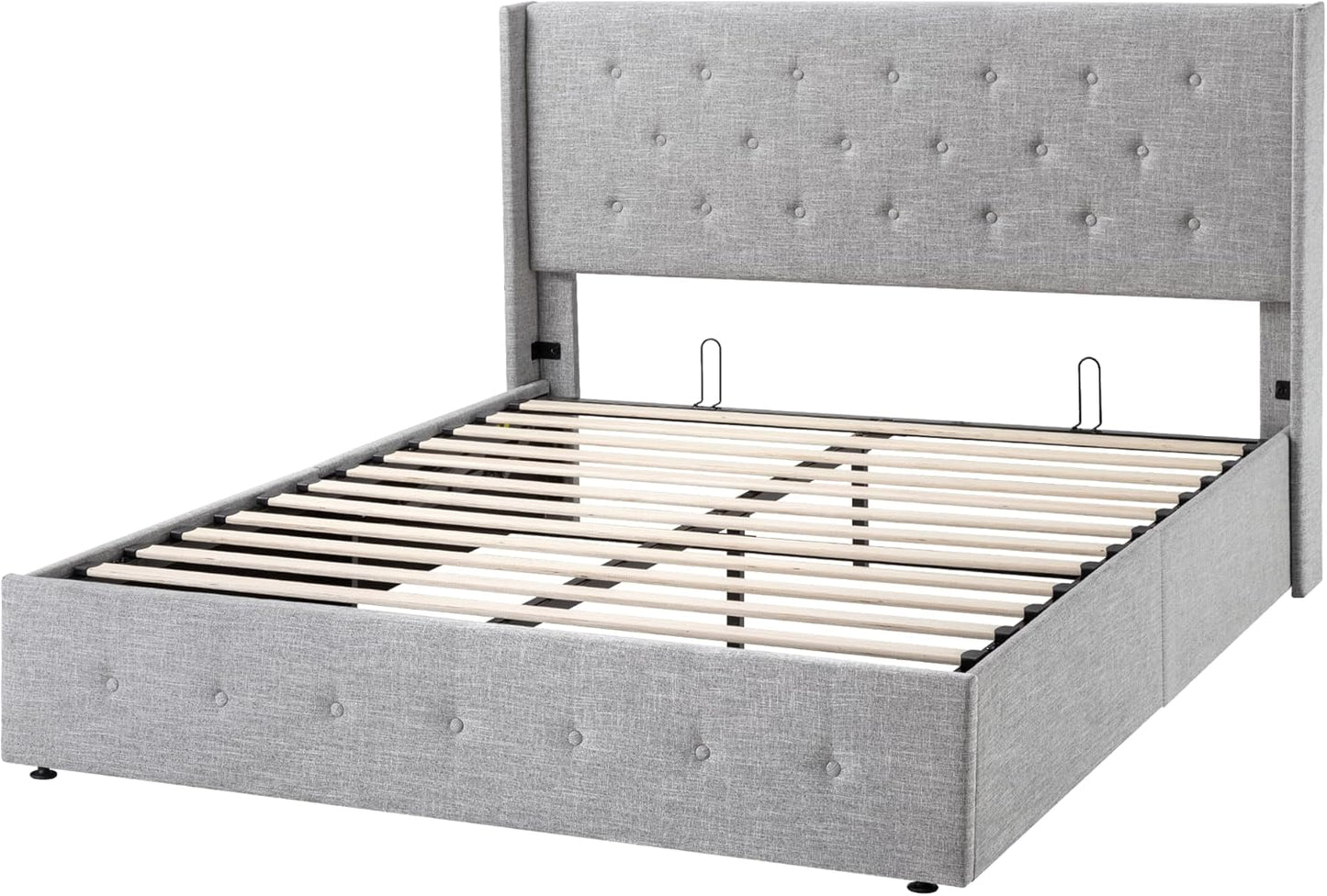Allewie Queen Size Lift Up Storage Bed, Modern Wingback Headboard, Hydraulic Support, No Box Spring Needed, Light Beige