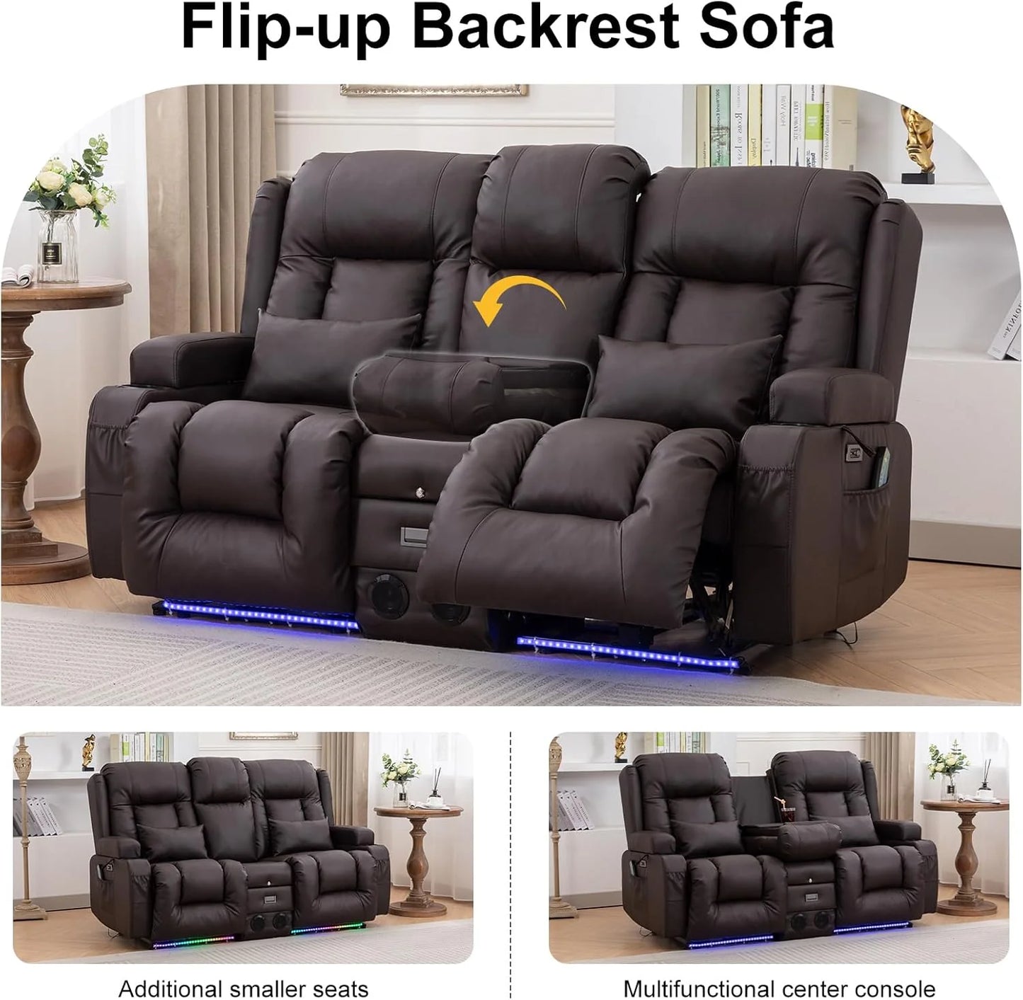 TUNYI Power Loveseat Recliner Sofa with Massage & Heat Home Theater Seating with Console Electric Recliner RV Sofa with USB/Outlet/Storage/Side Pocket/LED Light/Speaker (Brown, Loveseat)