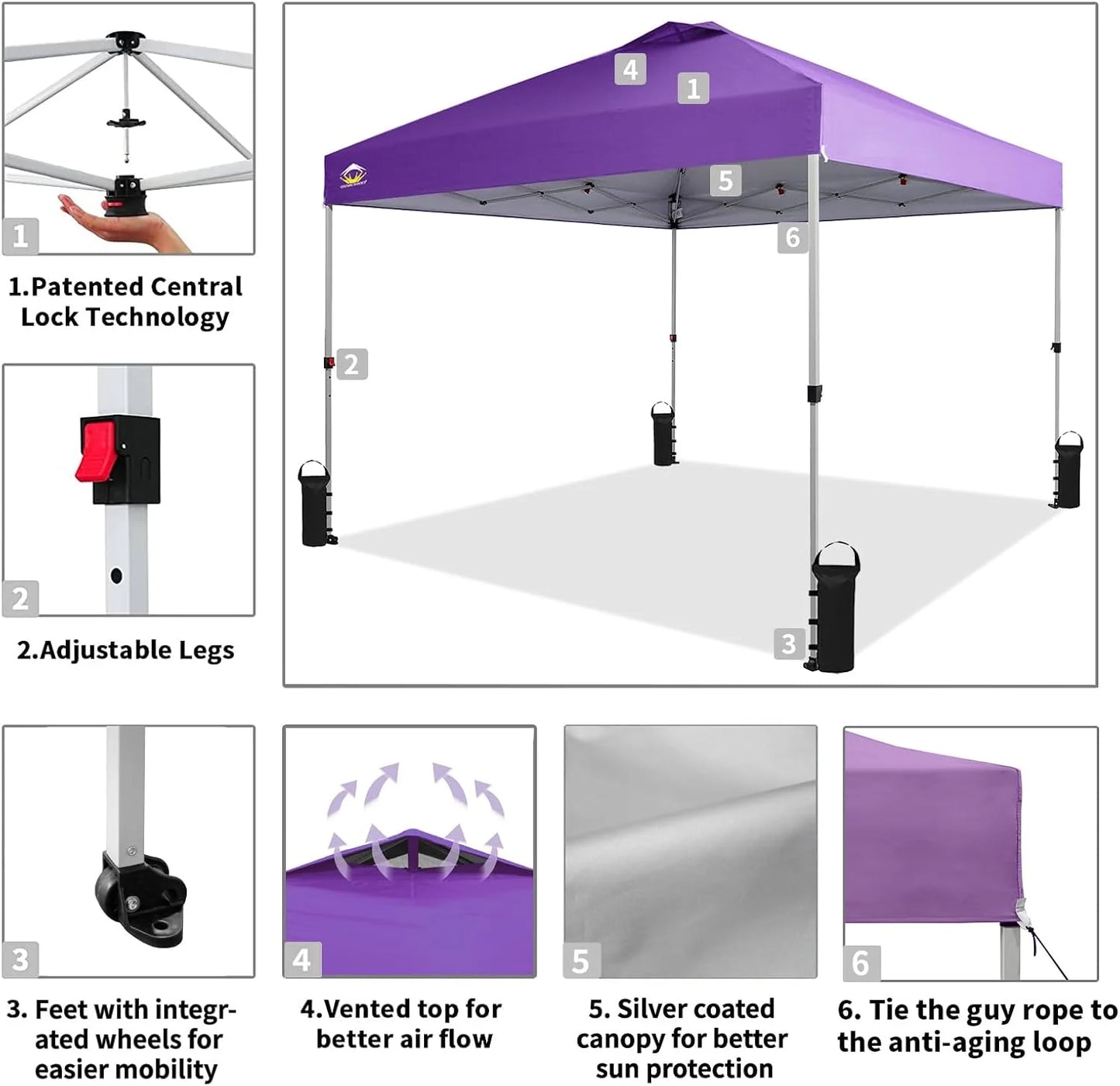 10x10 Pop-Up Awning - One-Click Installation Beach Tent - Outdoor Sunshade Silver Coated Top, 3 Heights and 4 Sand Pockets