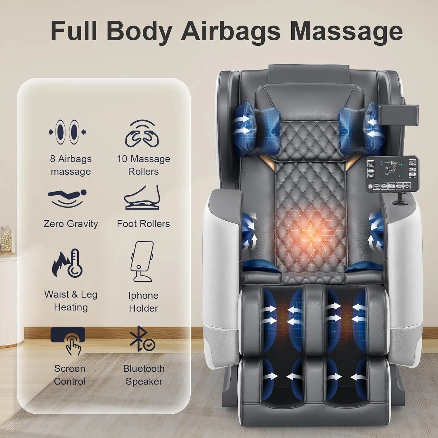Full Body Massage Chair, Zero Gravity Massage Chair with 10 Fixed Rollers, Heating, Foot Massage