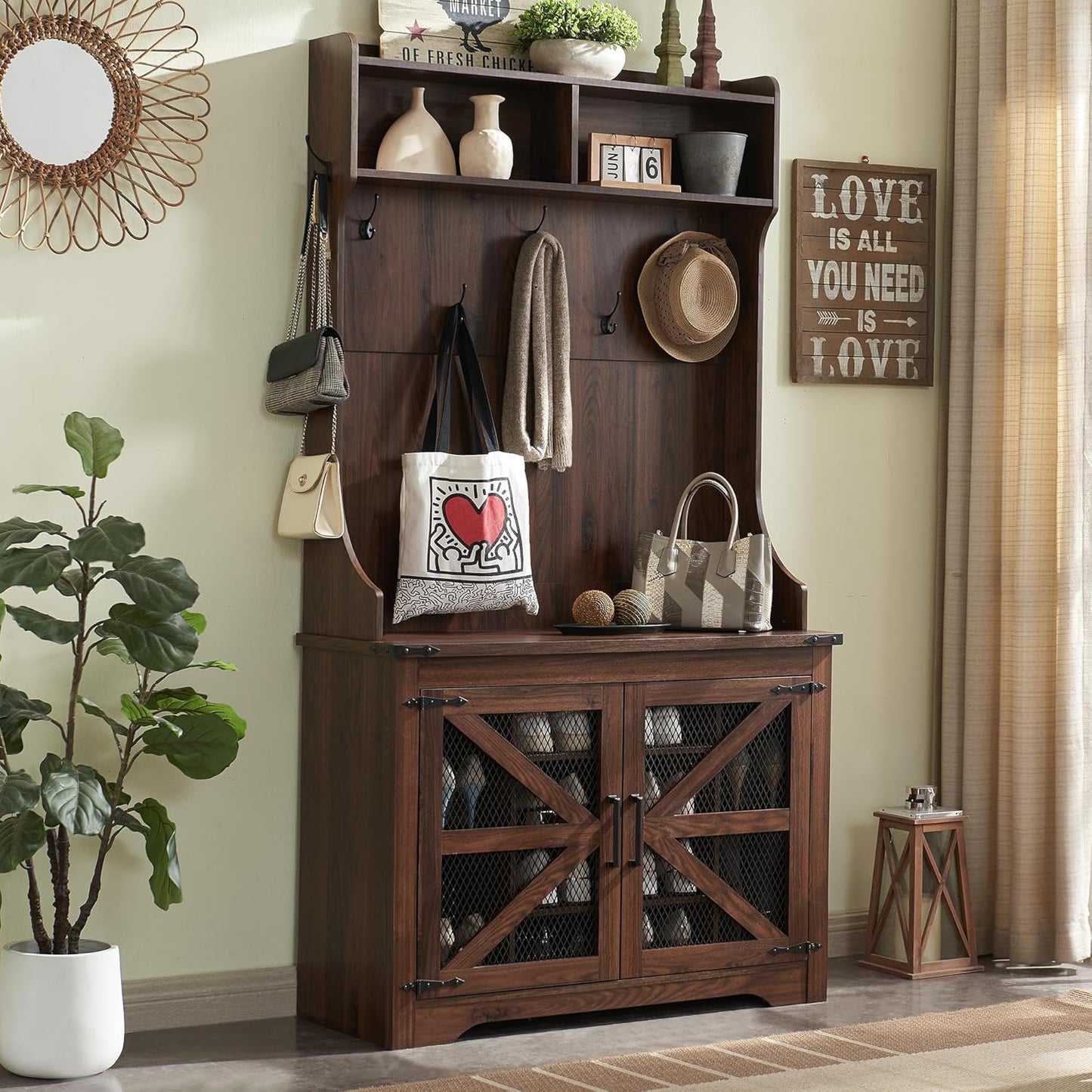 JXQTLINGMU 59-inch Farmhouse Foyer Tree with Shoe Storage, Entryway Bench Foyer Coat Rack Cabinet