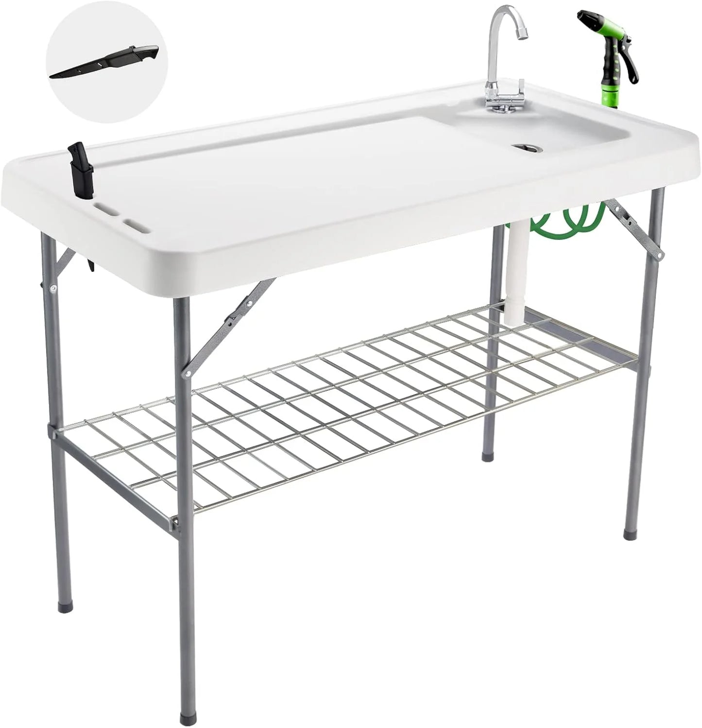 Folding Fish Cleaning Table Portable Camping Sink Table with Faucet Drain Hose and Sprayer Outdoor Fish Fillet Cleaning Station