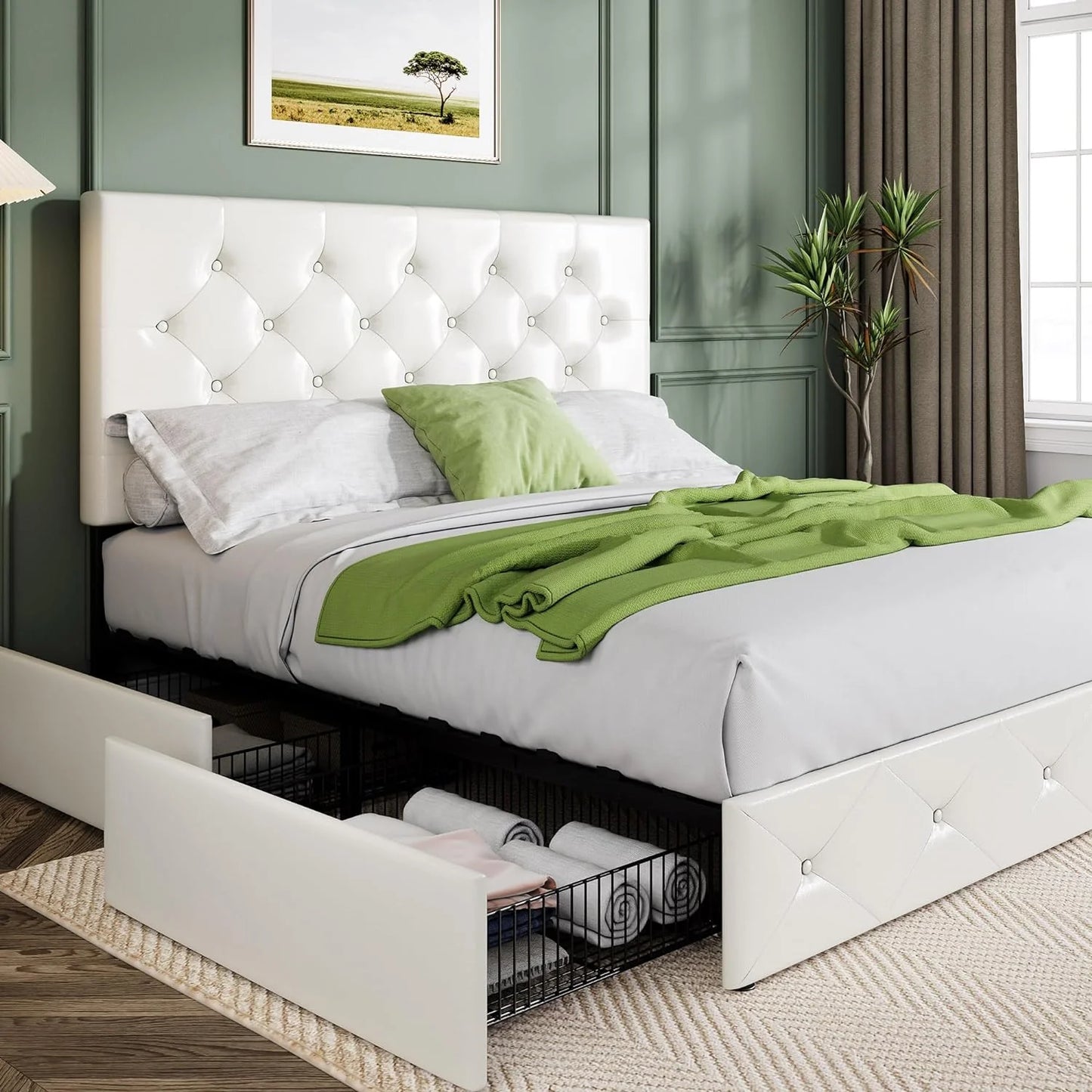 Allewie Upholstered Queen Size Platform Bed Frame with 4 Storage Drawers and Headboard, Square Stitched Button Tufted, Mattress Foundation with Wooden Slats Support, No Box Spring Needed