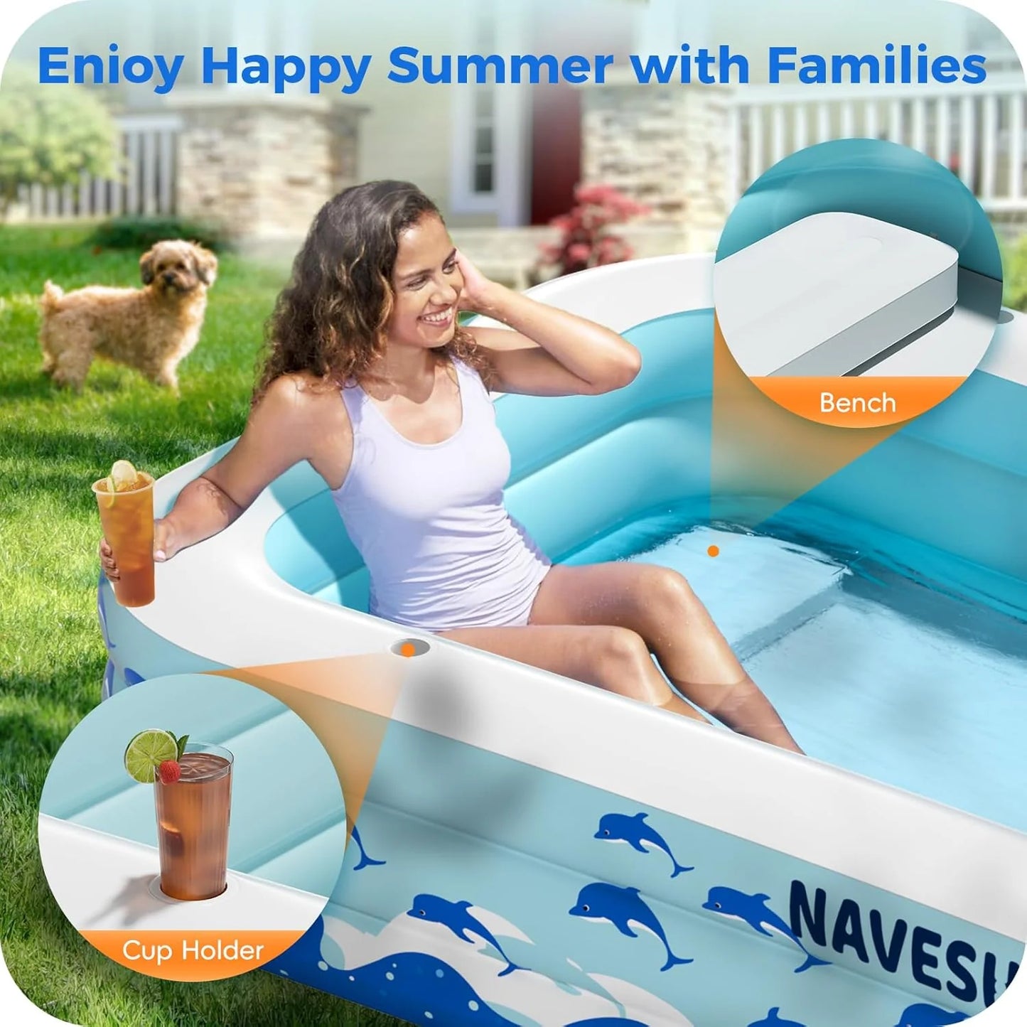 Inflatable Swimming Pool with Seats, 130" x 72" x 22" Full-Sized Durable PVC Thickened Above Ground Family Blow Up Pool for Outdoor Summer Water Party Backyard Garden Lawn