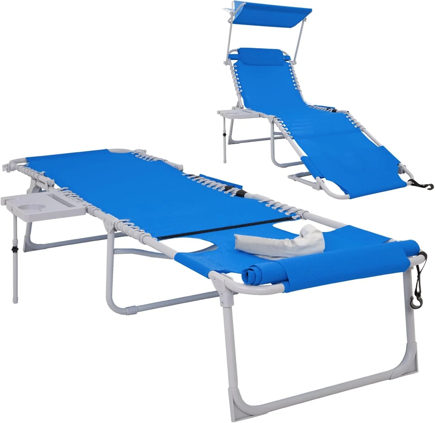 2 Pack Outdoor Chaise Lounge Chair - Portable Folding Patio Pool Lounge Chair, 5 Positions Adjustable Reclining Camping Chair with Side Table,Shoulder Strap, Pillow for Beach Sunbathing Lawn
