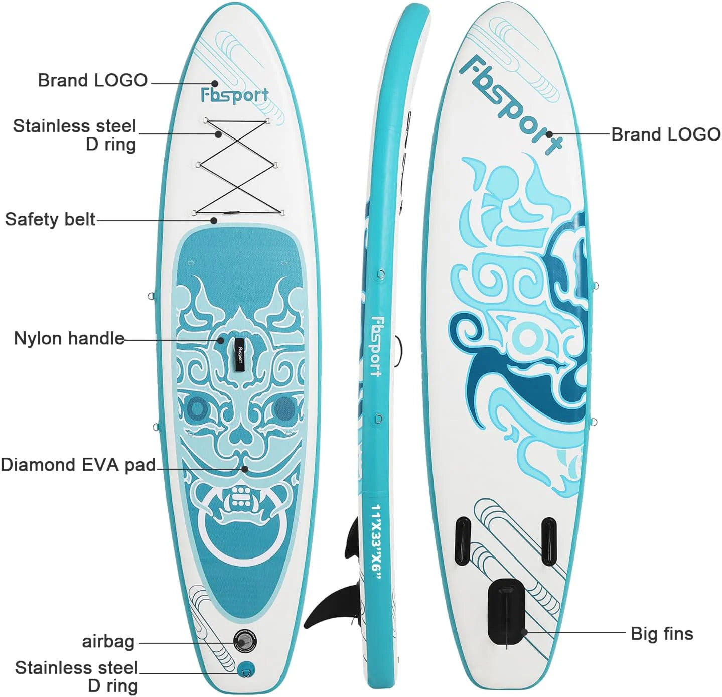 FBSPORT 11' Premium Stand Up Paddle Board, Yoga Board with Durable SUP Accessories & Carry Bag | Wide Stance, Surf Control, Non-Slip Deck, Leash, Paddle and Pump for Youth & Adult