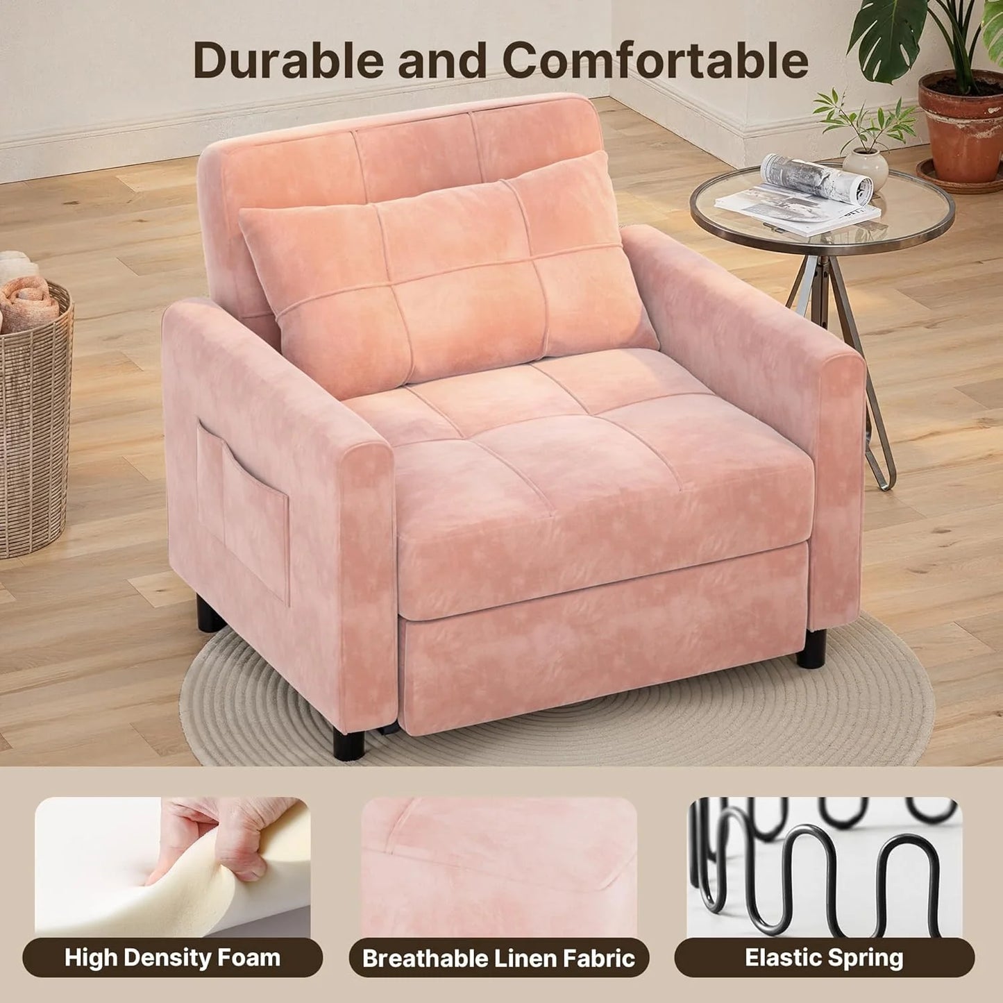 Sofa Bed Chair 3 in 1 Convertible, Pullout Single Sleeper Chair Bed with Adjustable Backrest, Spacious Multifunctional Sofa Couches