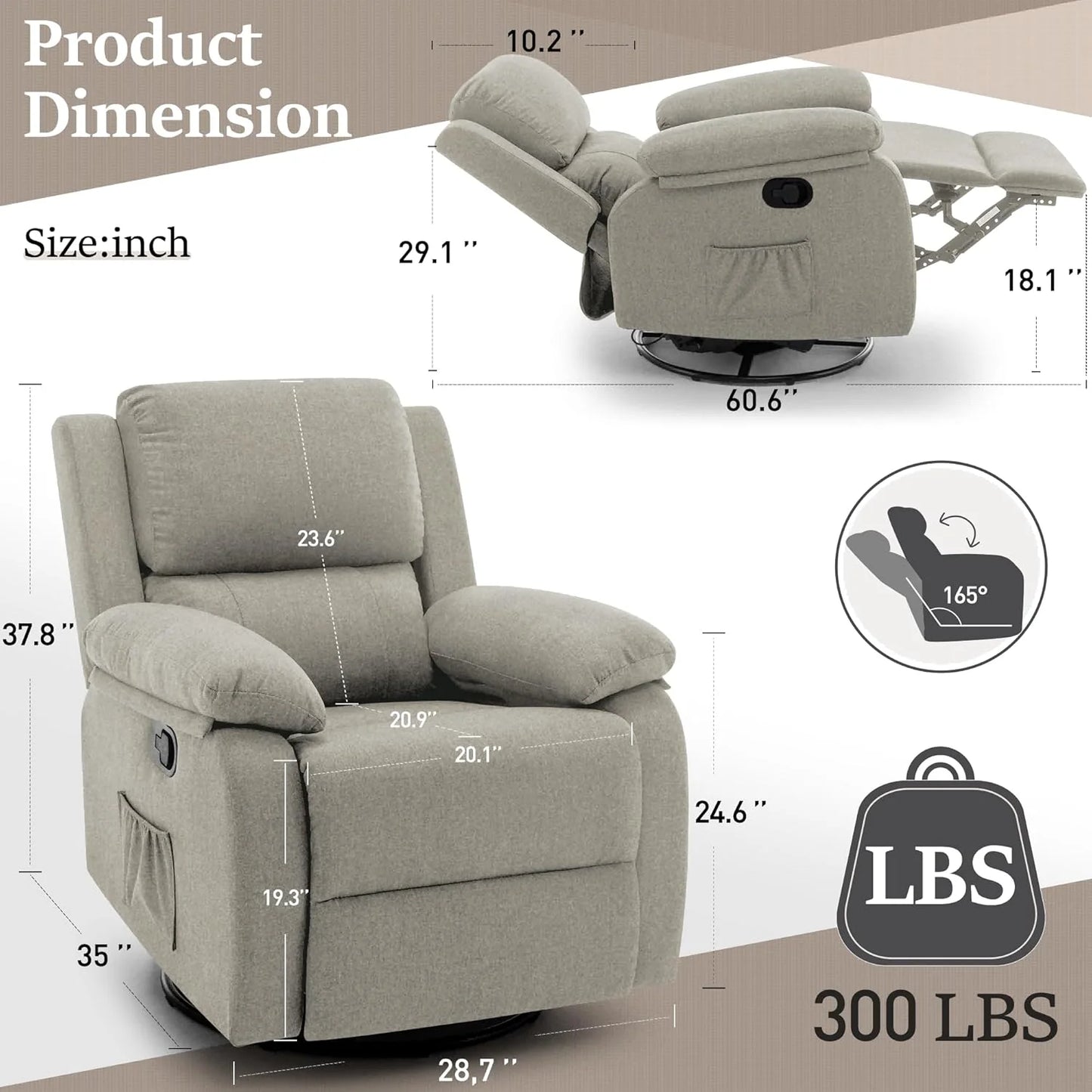 Reclining rocking chair 360 degree rotating fabric sliding reclining chair