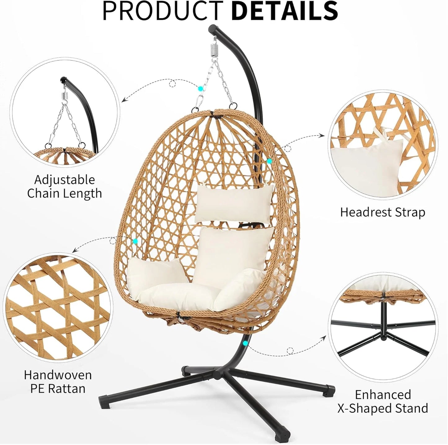 Egg Chair with Stand, Patio Wicker Hanging Chair, Hammock Swing Chair, 350LBS Capacity for Bedroom, Balcony, Garden