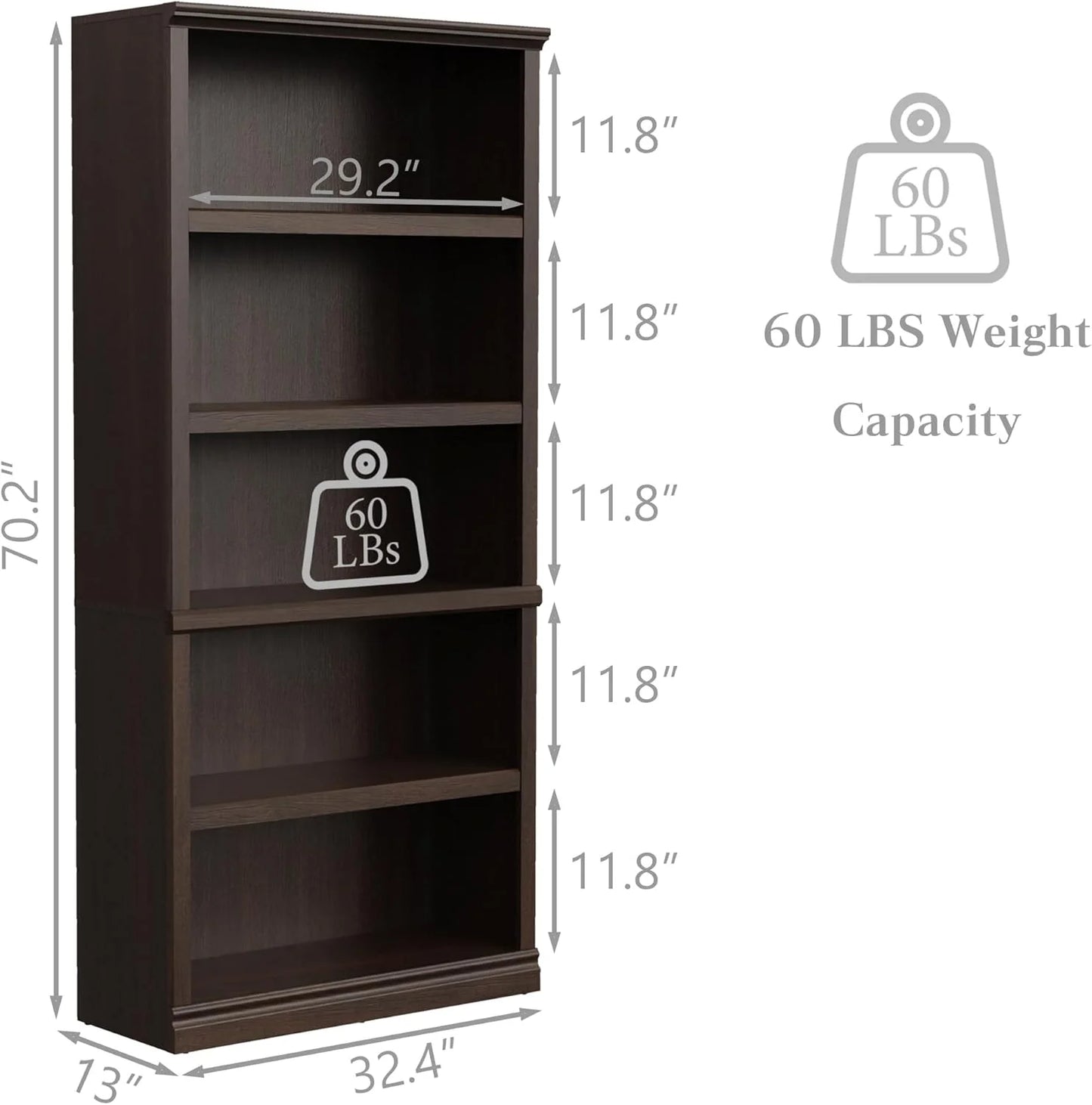70-Inch Tall White Bookcase 5 Tiers Shelves Open Storage Bookshelf
