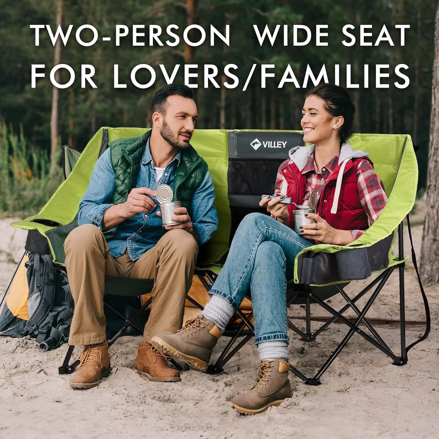 Double camping chair (with cooler bag), extra wide love seat, heavy duty padded camping sofa, portable folding chair
