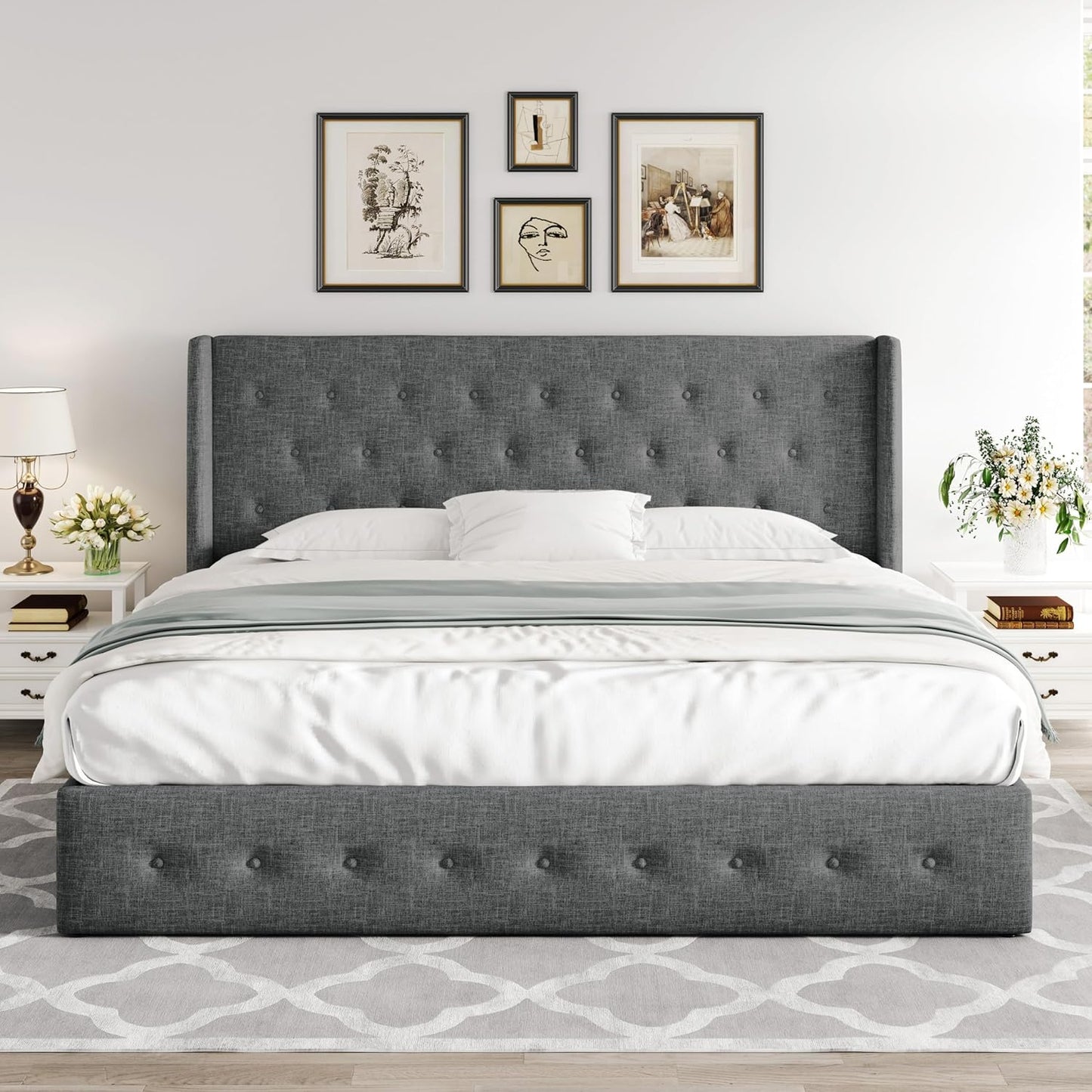 Allewie Queen Size Lift Up Storage Bed, Modern Wingback Headboard, Hydraulic Support, No Box Spring Needed, Light Beige