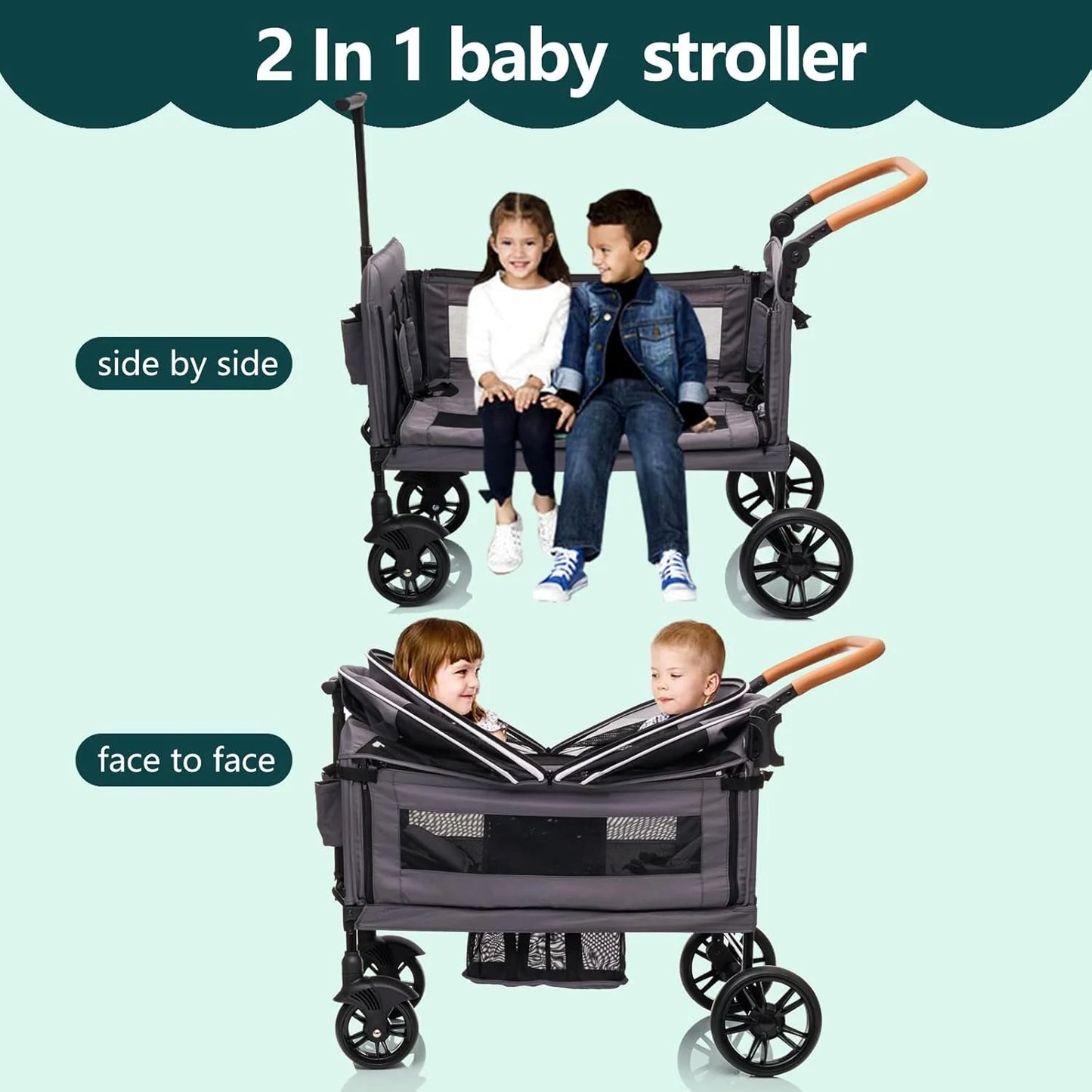 Wagon Stroller for 2 Kids & Cargo-Travel Stroller Push-Pull Double Wagon Lightweight Folding Stroller for Newborn&Toddler with 5-Point Harness,Adjustable Handle Bar and Canopy,Tray Table,Cup Holder
