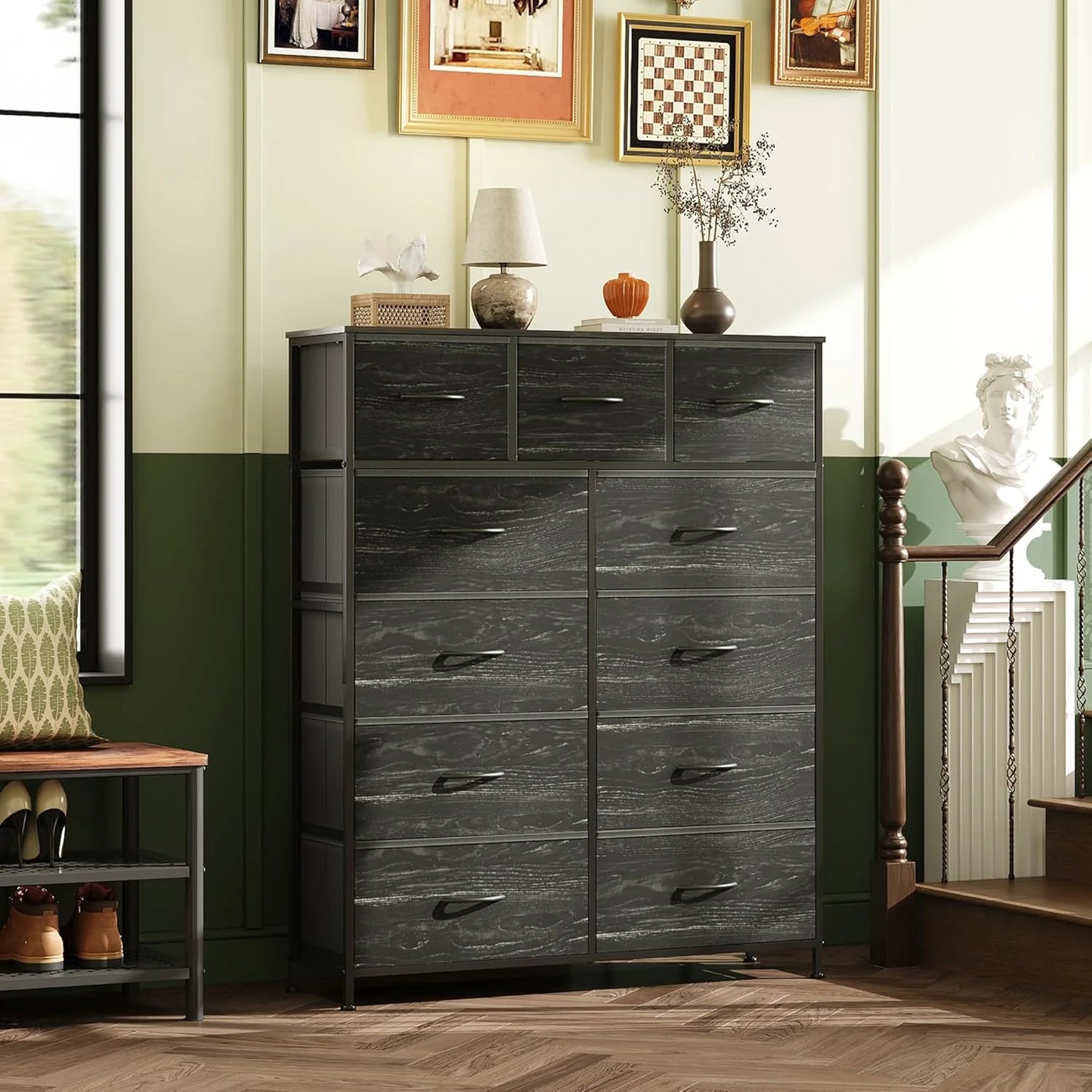 Storage Organizer Unit with 11 Fabric Bins, Storage Drawers Organizer with Steel Frame, Tall Storage Tower Organizaton