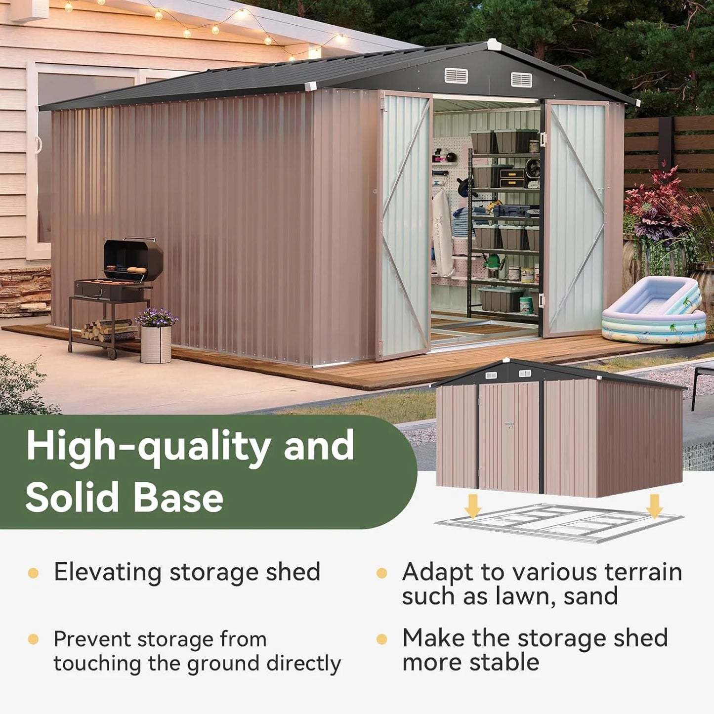Aoxun 12x10 FT Shed Metal Outdoor Waterproof Storage Shed Steel Utility Garden Tool Shed with Door & Lock Outdoor Storage for Garden Patio Lawn Poolside, Brown