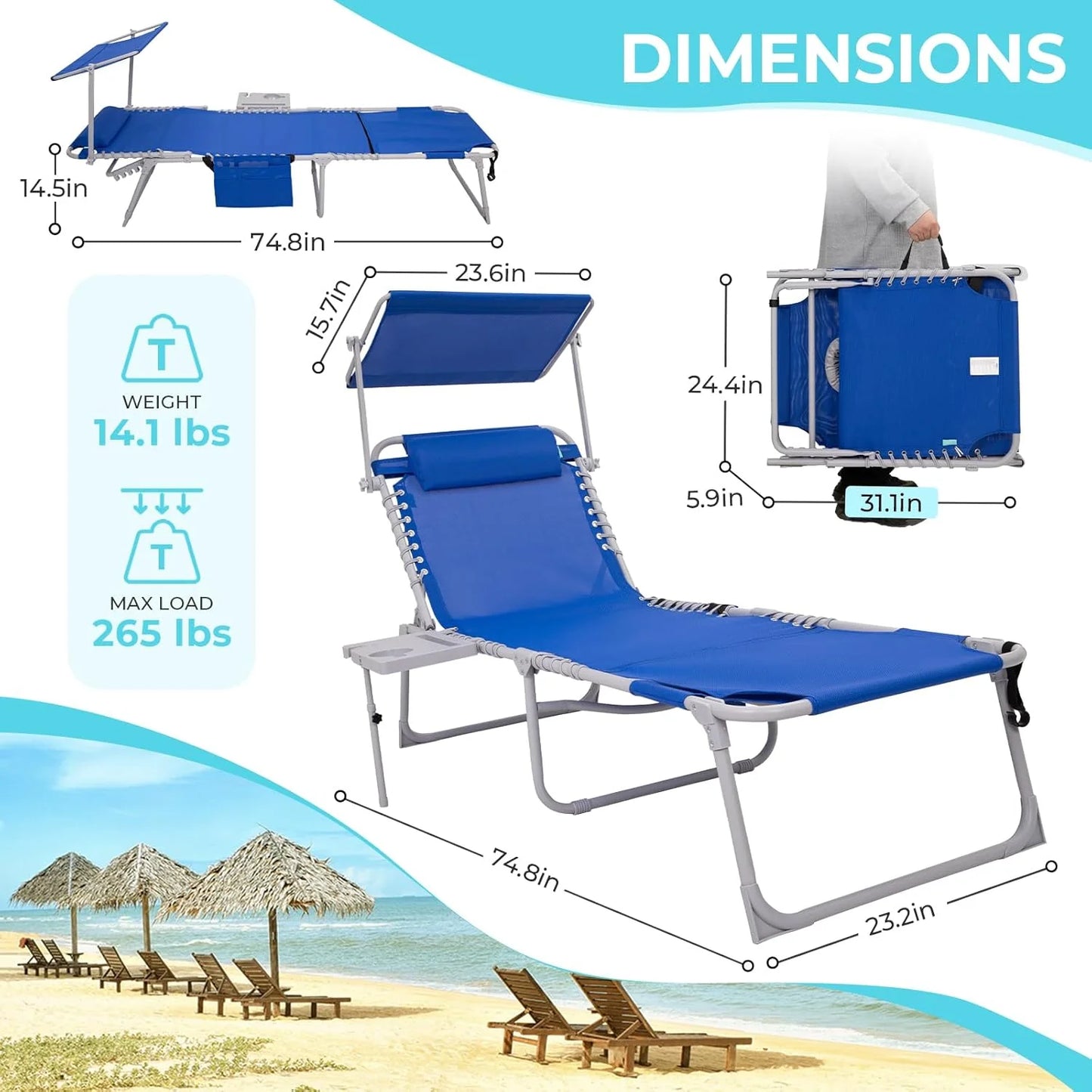 2 Pack Outdoor Chaise Lounge Chair - Portable Folding Patio Pool Lounge Chair, 5 Positions Adjustable Reclining Camping Chair with Side Table,Shoulder Strap, Pillow for Beach Sunbathing Lawn
