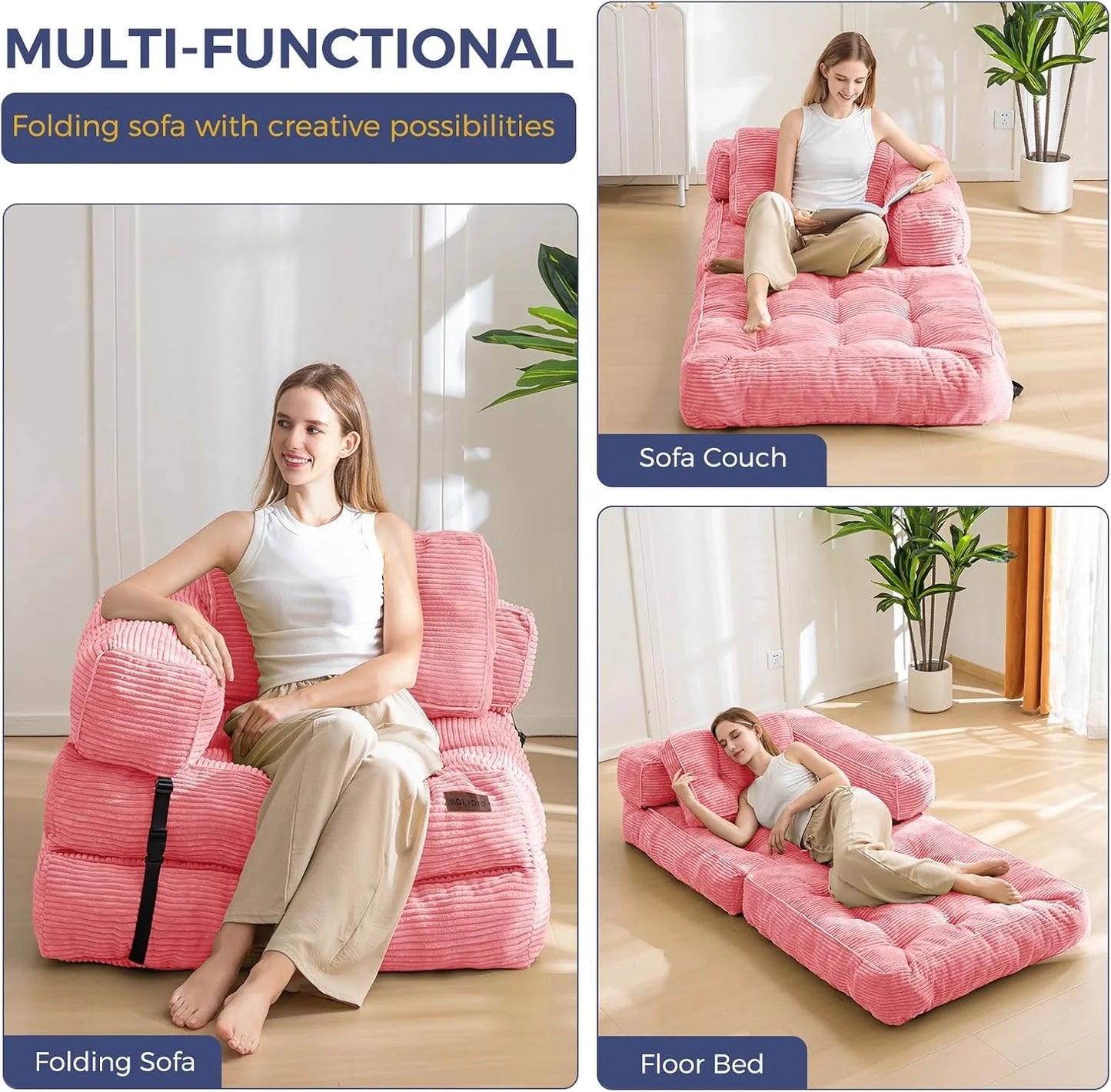 Folding Sofa Bed, L-Shaped Convertible Sofa Bed with Armrests and Pillows,