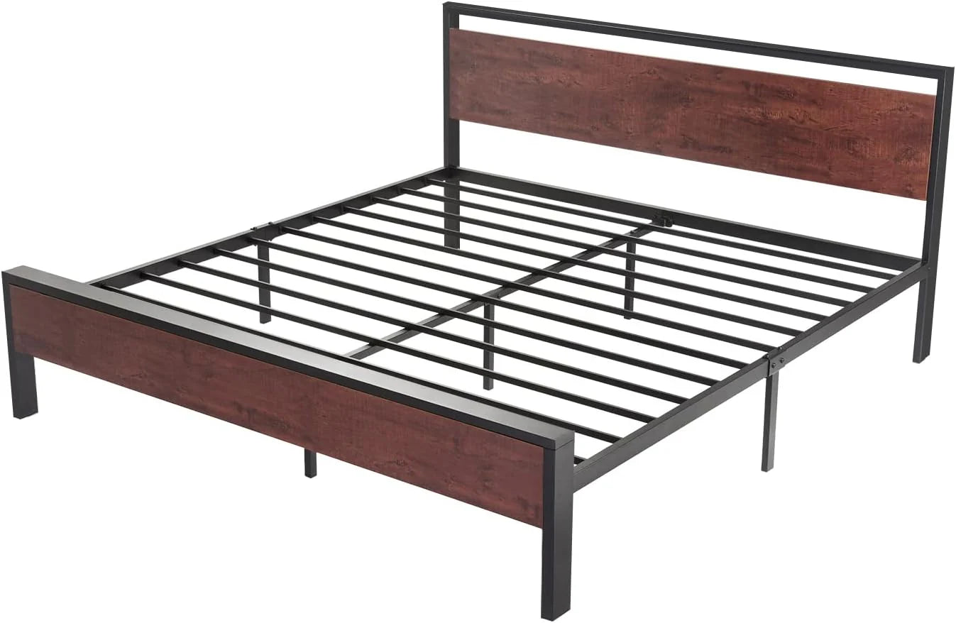 SHA CERLIN 14 Inch Full Size Metal Platform Bed Frame with Wooden Headboard and Footboard, Mattress Foundation, No Box Spring Needed, Large Under Bed Storage, Non-Slip Without Noise, Mahogany