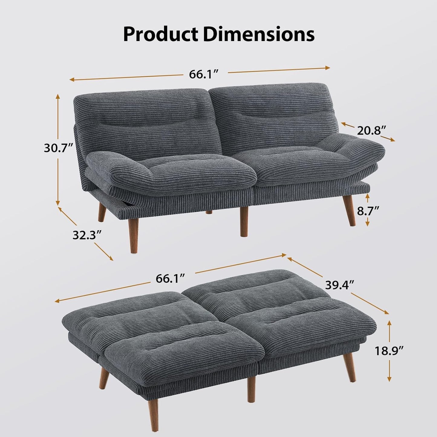 Convertible Futon Sofa Bed, 66 Inch Corduroy Futon Sofa Recliner Sofa Bed for Small Spaces, Playrooms or Offices