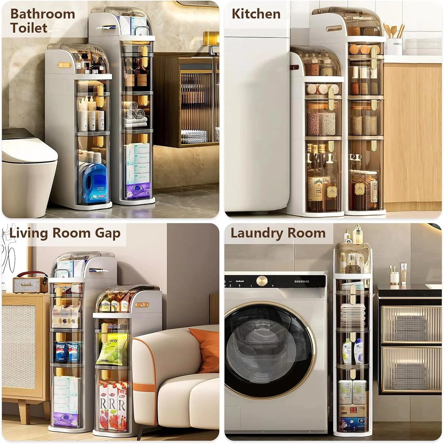 4-Tiers Narrow Bathroom Storage Cabinet 7.1″ Slim Bathroom Floor Organizer with Drawers and Tissue Box Plastic Waterproof Mobile Locker