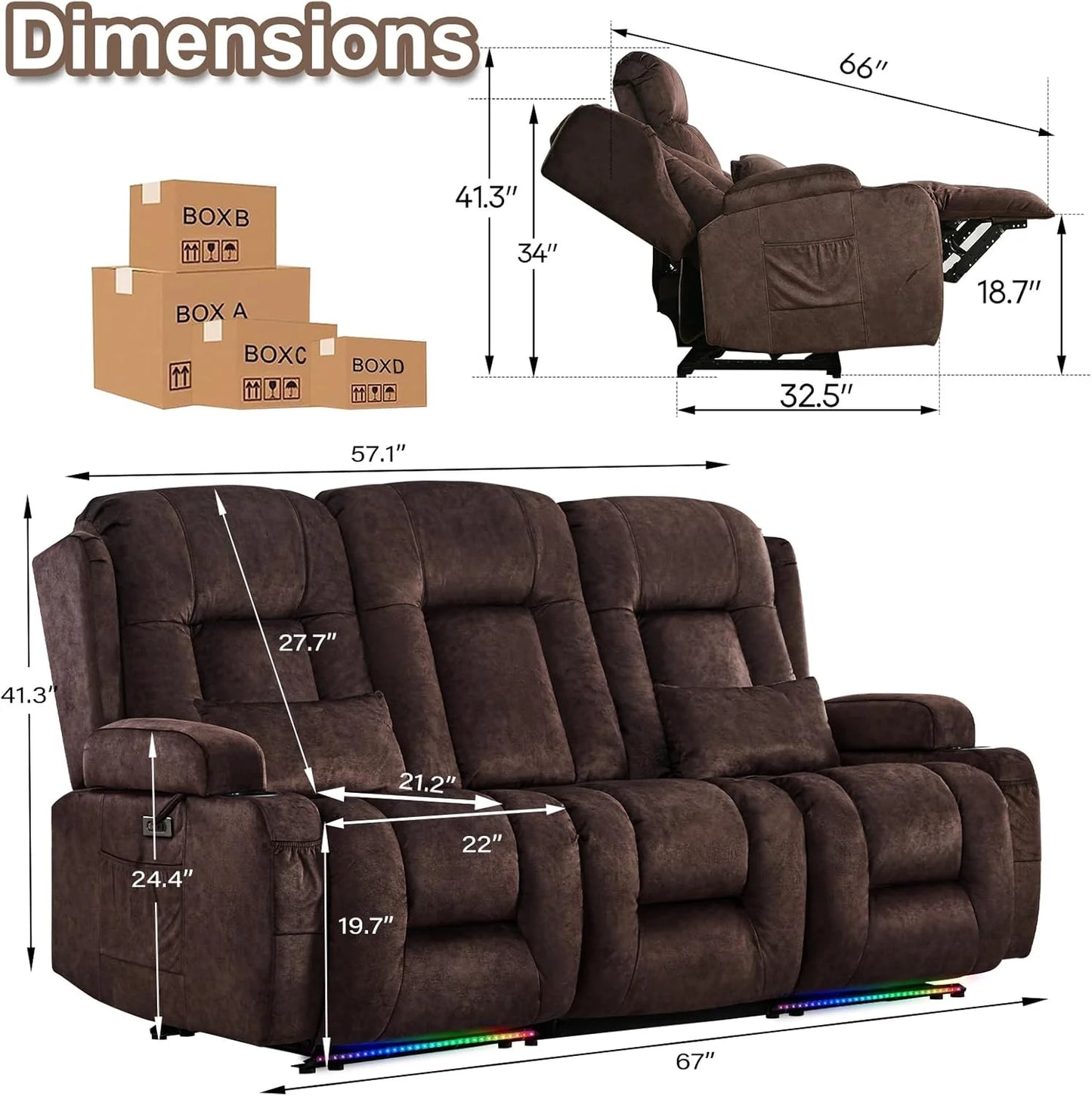 TUNYI Power Loveseat Recliner Sofa with Massage & Heat Home Theater Seating with Console Electric Recliner RV Sofa with USB/Outlet/Storage/Side Pocket/LED Light/Speaker (Brown, Loveseat)