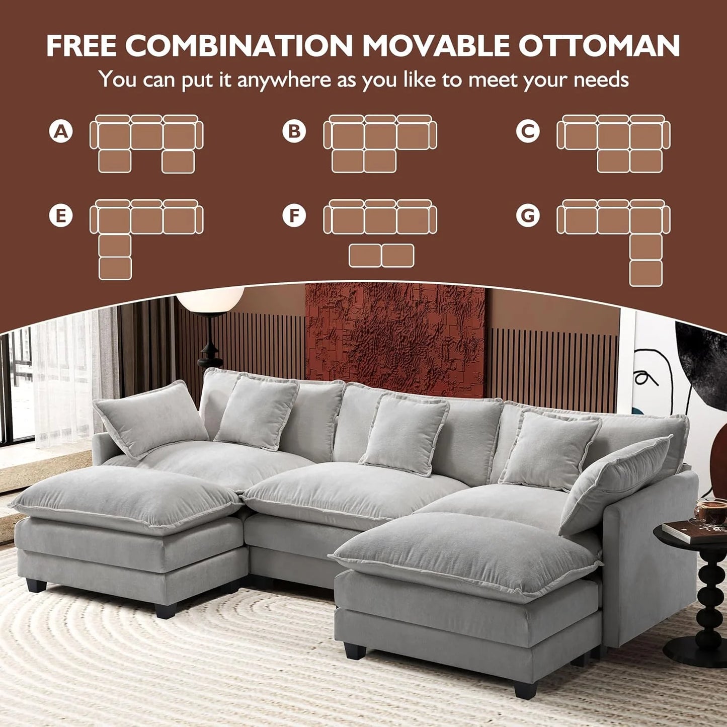 111.4 Inch L-Shaped Modern Sofa Modular Cloud Sofa with Ottoman, 4-Seater Chenille Deep Seat Sofa with Pillows for Living Room, Bedroom and Apartment, Beige