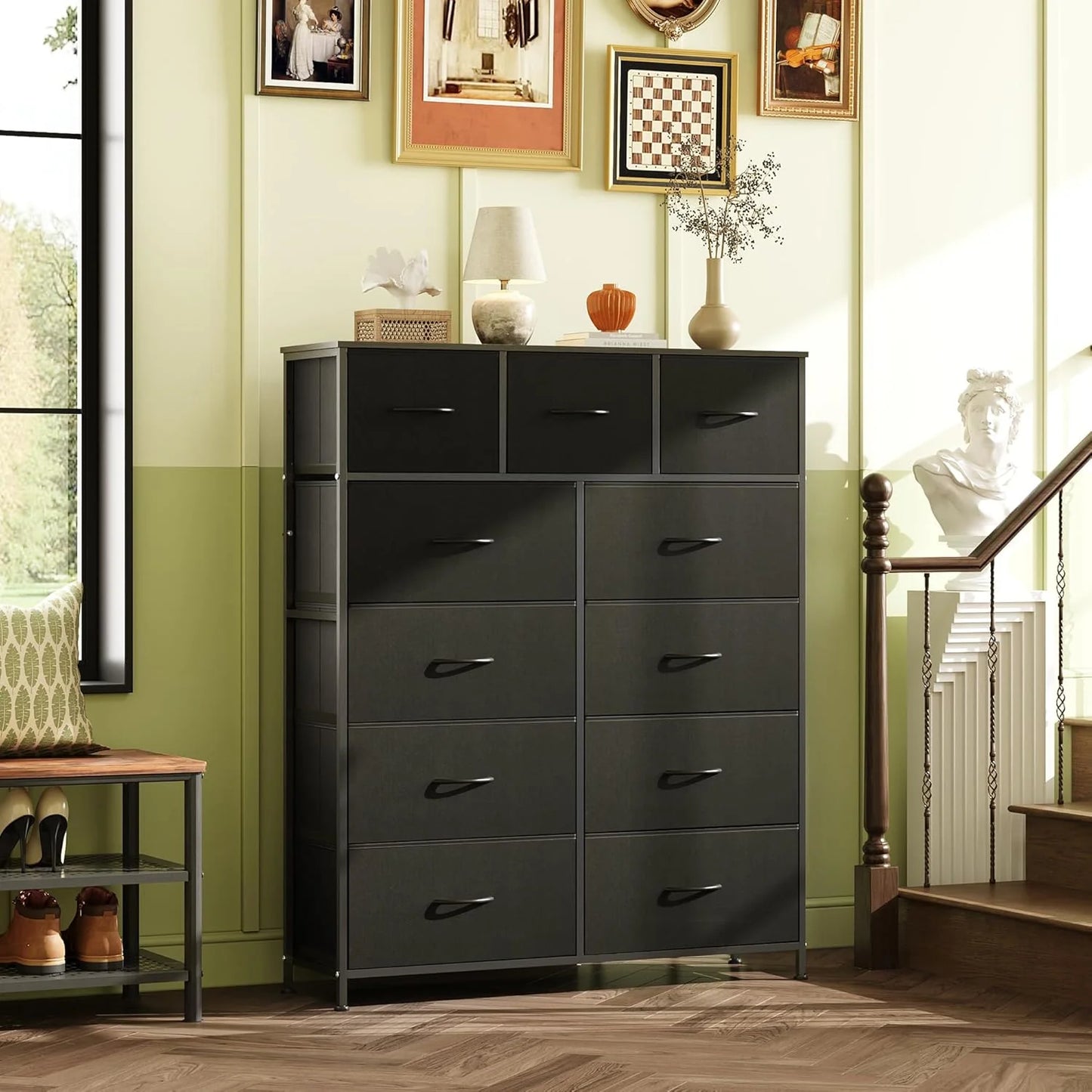 Storage Organizer Unit with 11 Fabric Bins, Storage Drawers Organizer with Steel Frame, Tall Storage Tower Organizaton