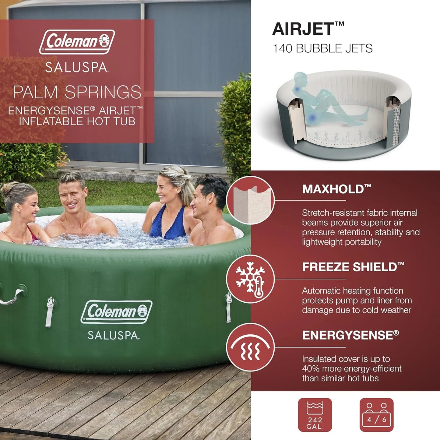 Bestway Palm Springs 4 to 6 Person EnergySense Smart AirJet Plus Inflatable Hot Tub Outdoor Spa with 140 AirJets and Insulated Cover